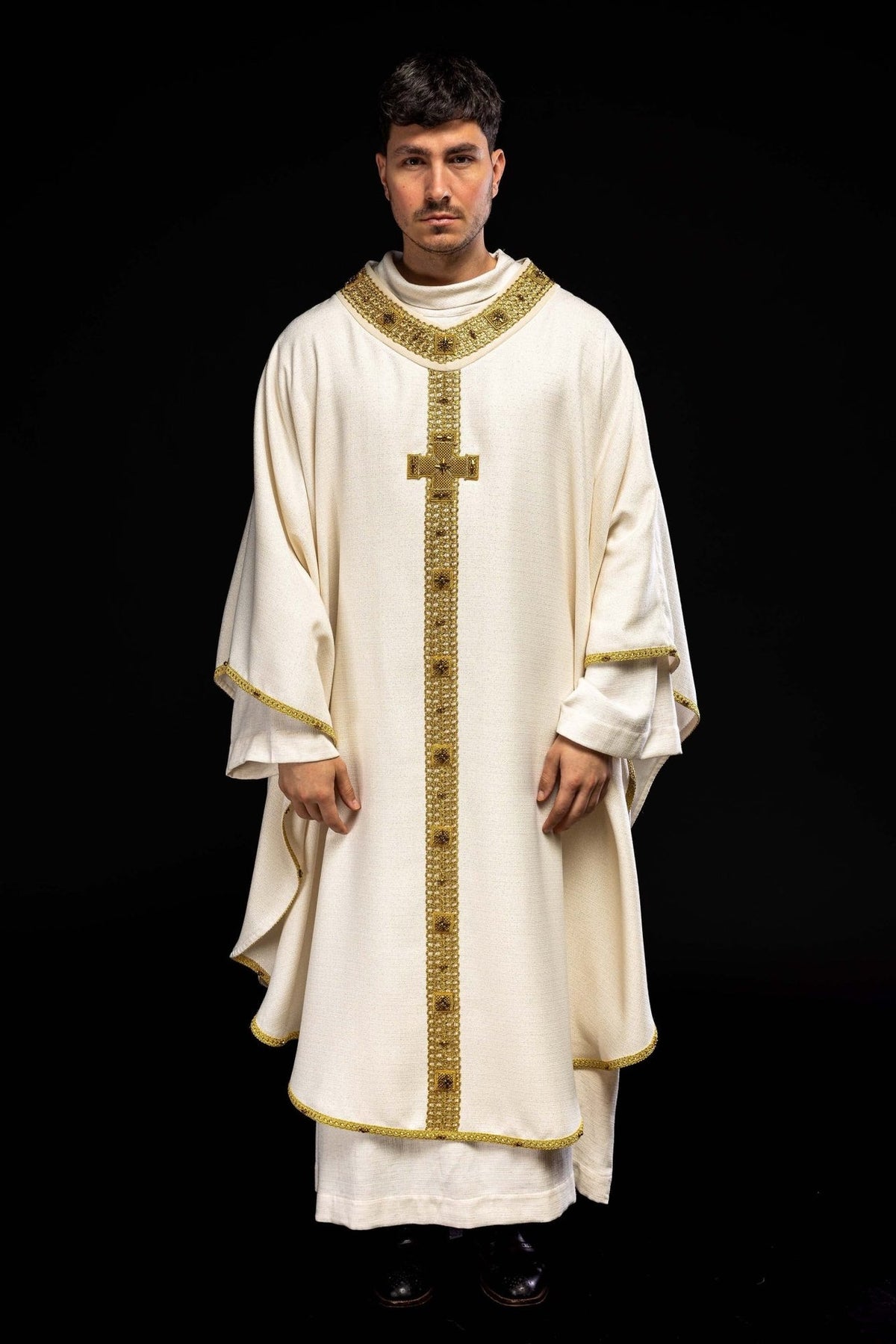 Ecru chasuble with gold orphrey and cross embroidery, full front view