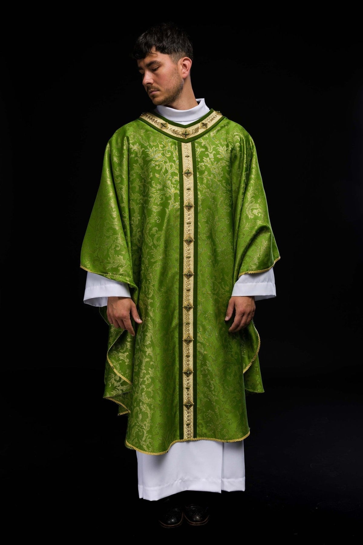 Green chasuble full front view with gold orphrey and natural stones