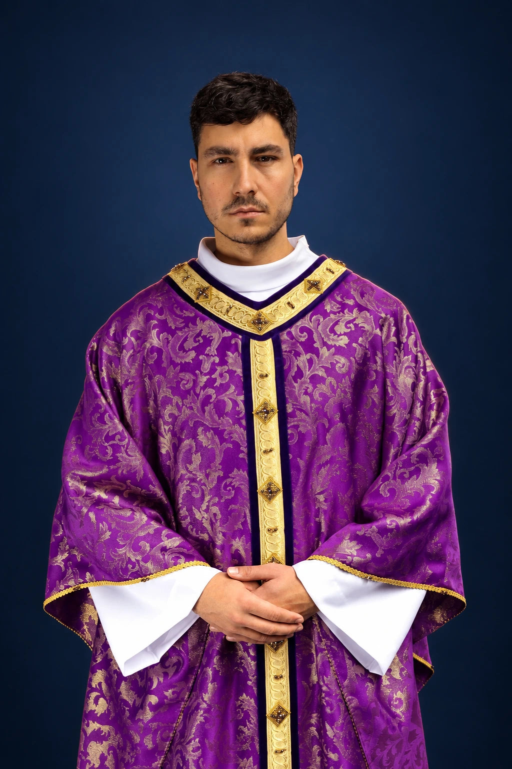Handcrafted Catholic Chasuble with Natural Stones, purple front view with gold orphrey and jacquard motifs