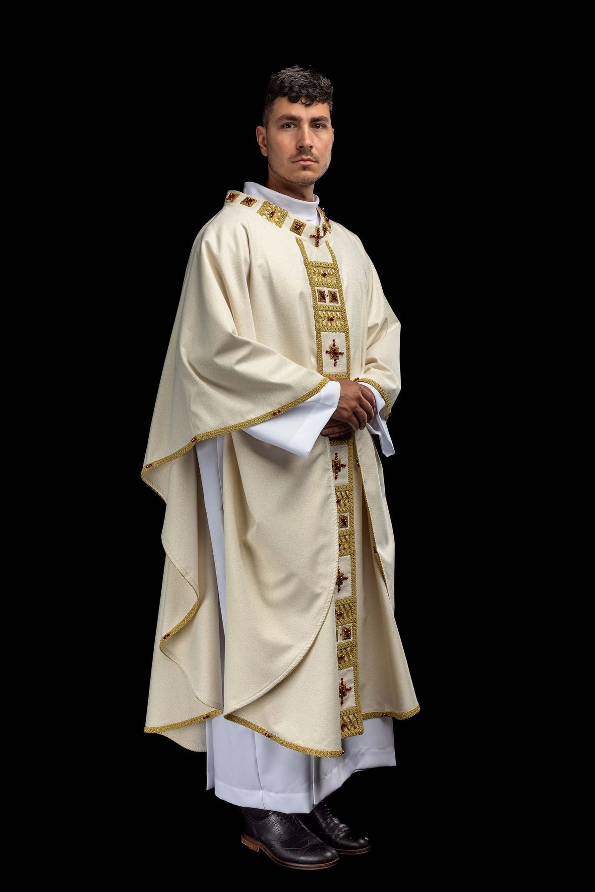 Handcrafted chasuble with natural stones, front and side view with gold trim