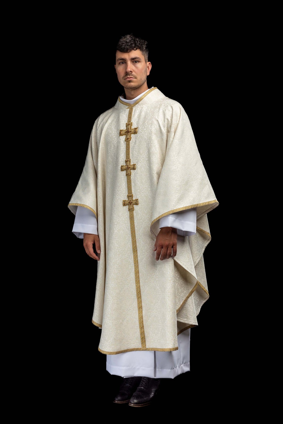 Handcrafted chasuble with natural stones, ivory front with gold trim and vertical cross band