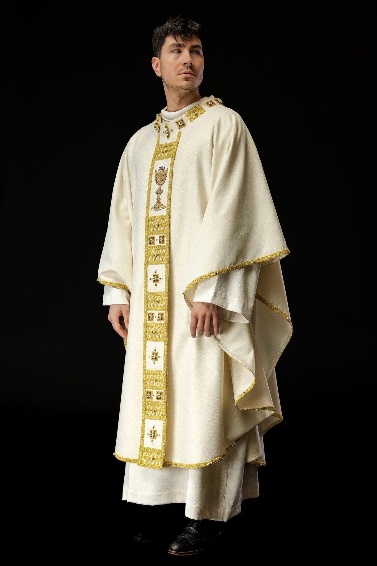 Handcrafted chasuble in white with gold orphrey, embroidery and natural stones, front view