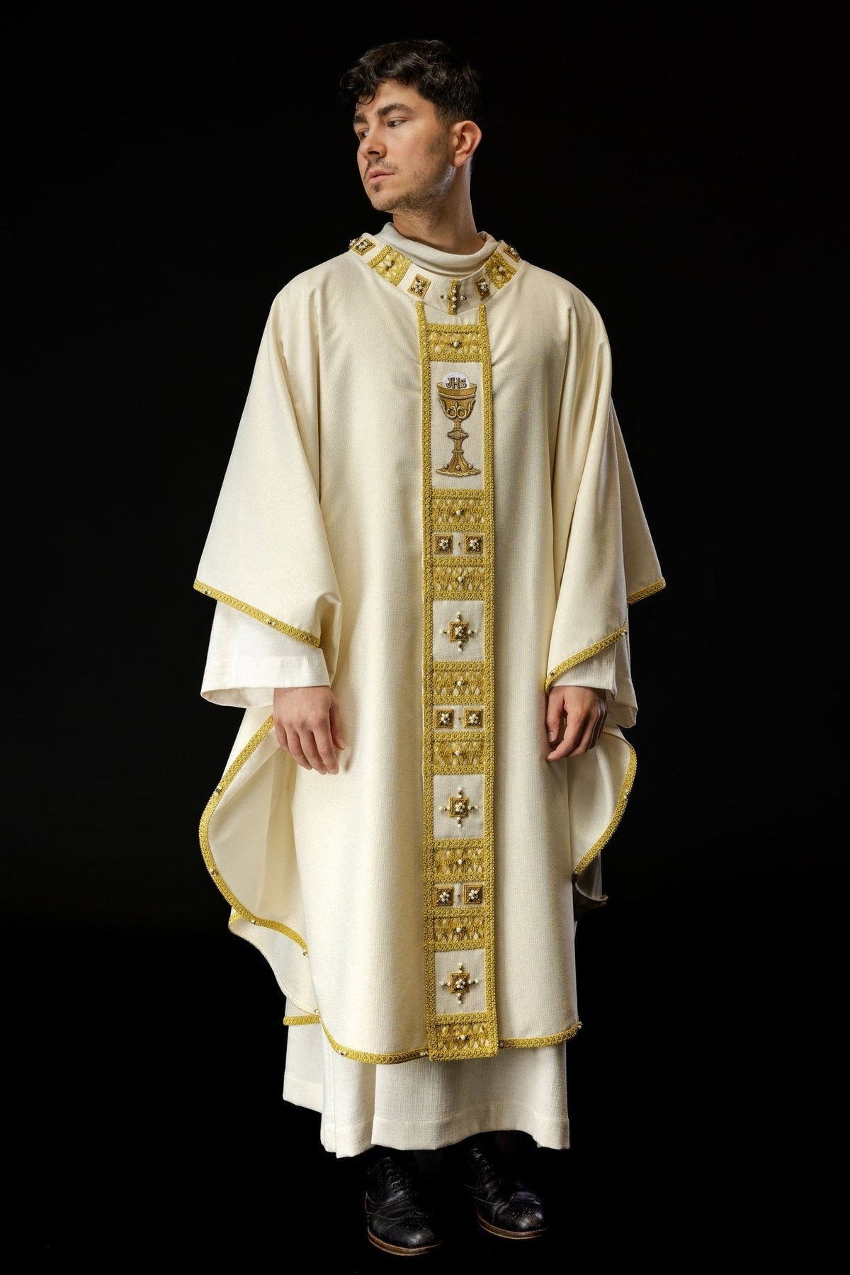 White chasuble with gold orphrey and natural stone embellishments, full front view