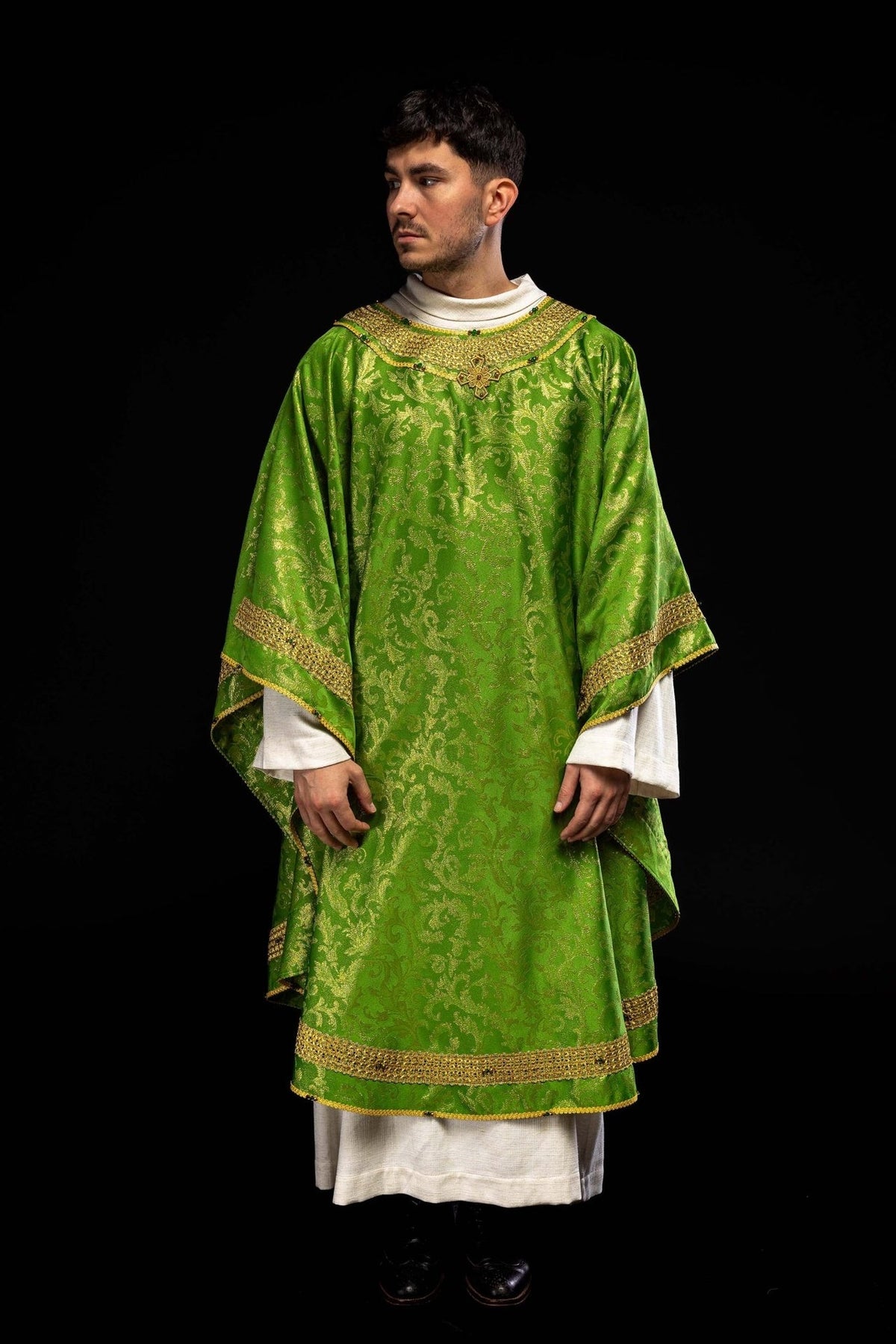 Handcrafted Green Chasuble front view with gold embroidery and patterned jacquard fabric