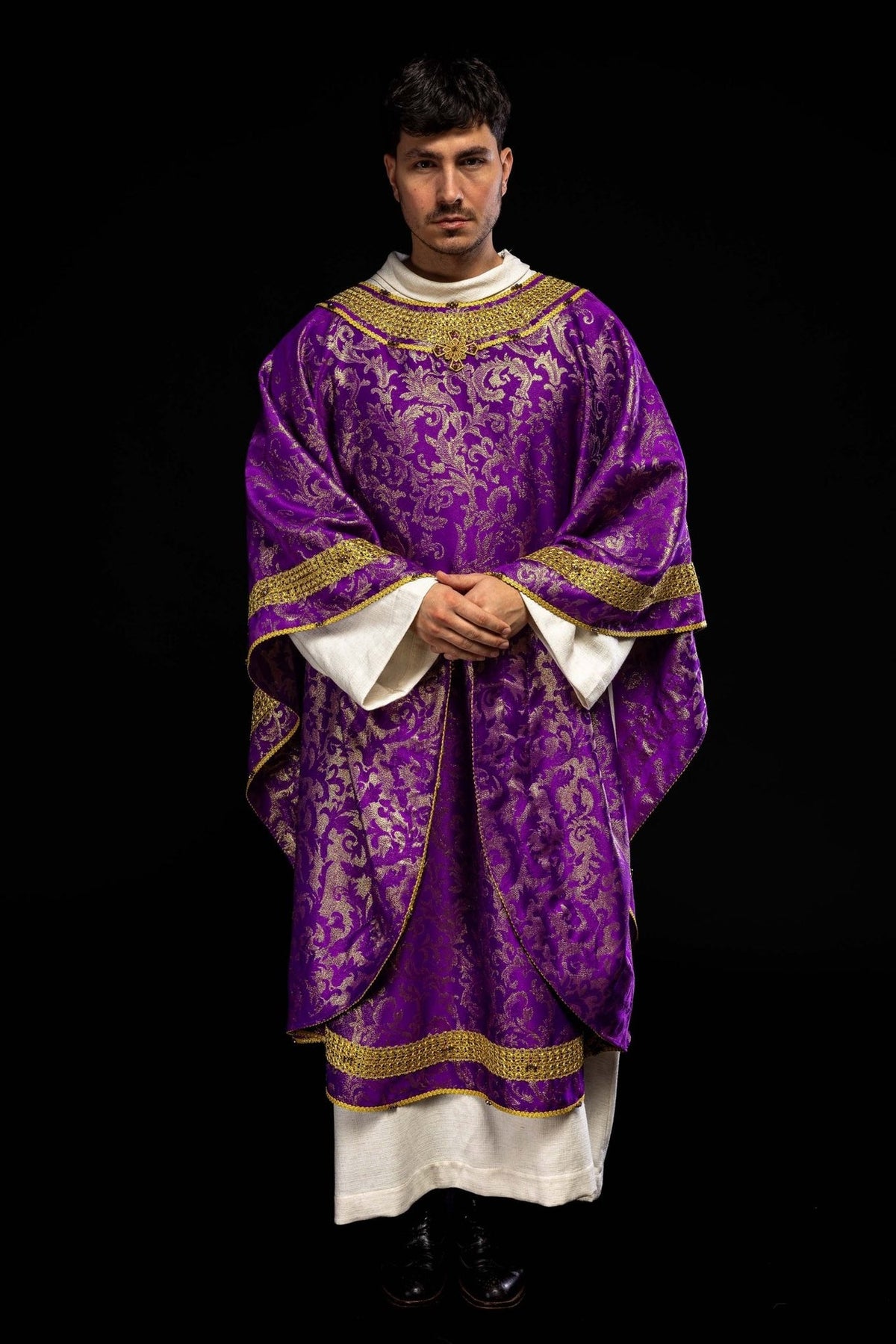 Handcrafted Purple Chasuble front view with gold embroidery and cross