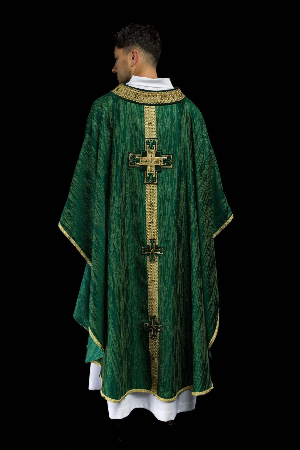 Handcrafted Green Chasuble, back view with gold cross embroidery and trim