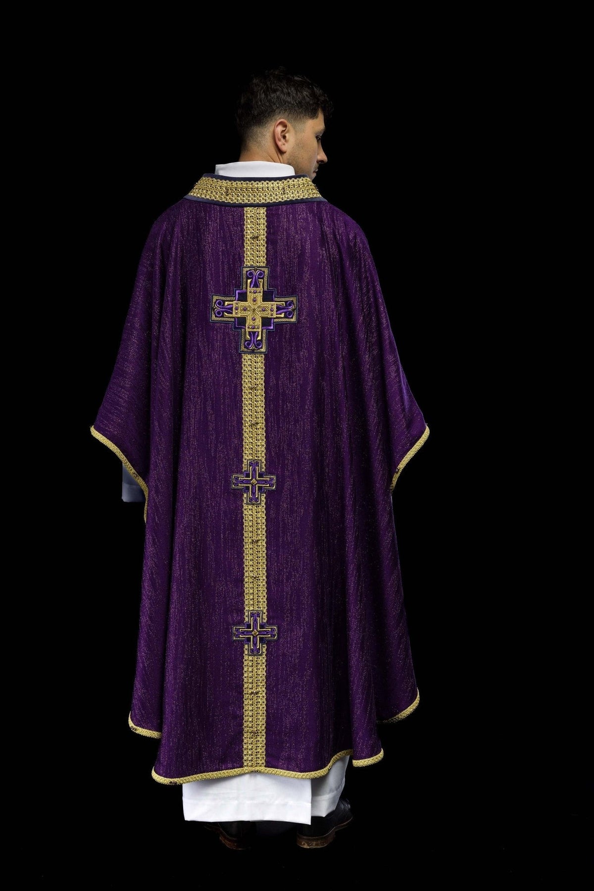 Handcrafted purple chasuble, full back view with gold trim and cross embroidery