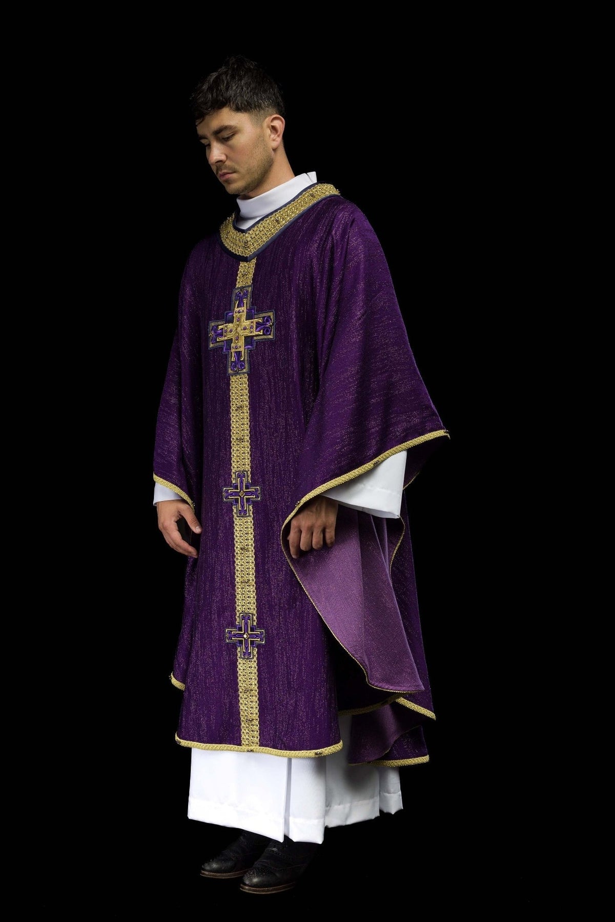Handcrafted purple chasuble, front worn view with gold cross embroidery and trim