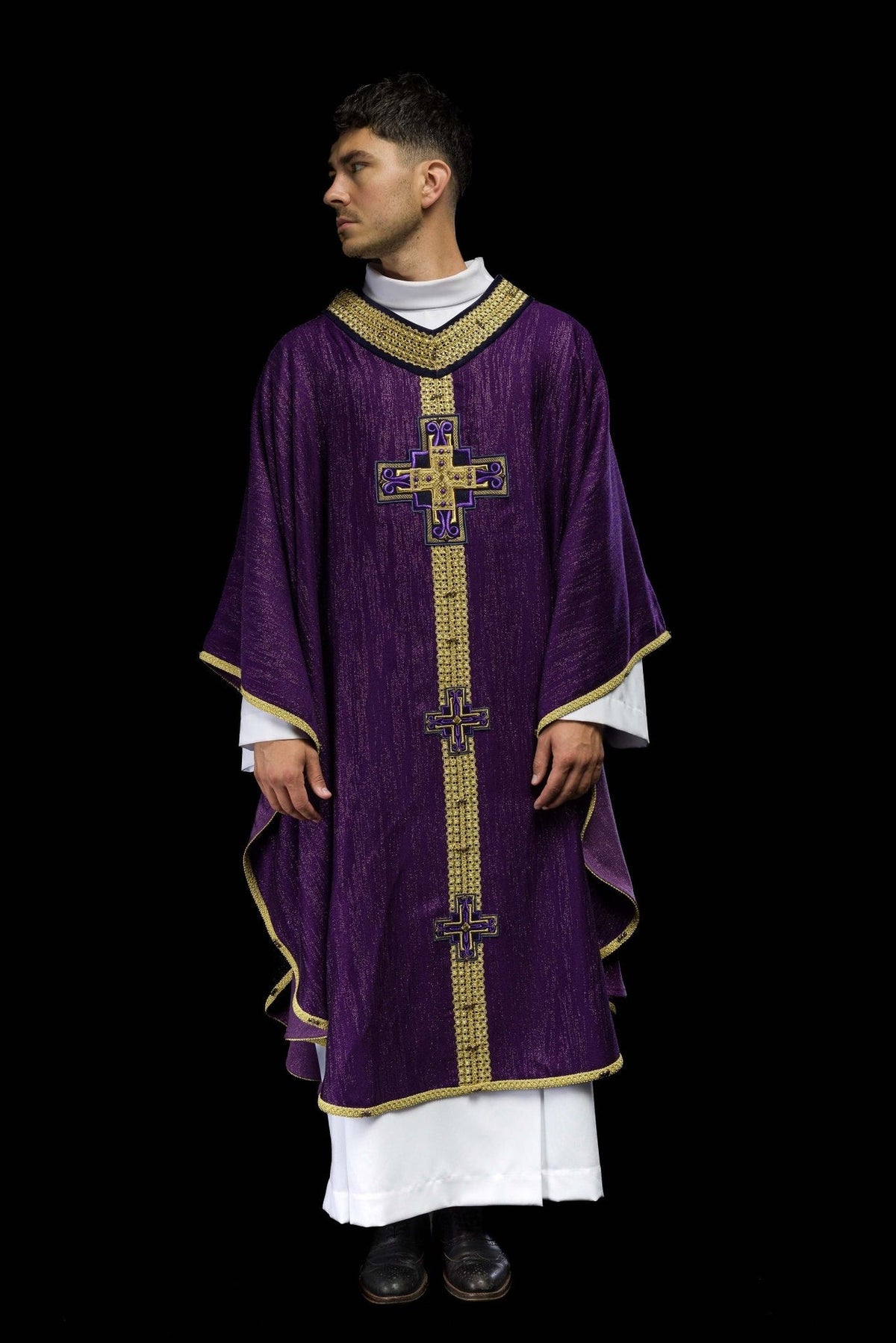 Purple chasuble, full front view with gold trim and cross embroidery
