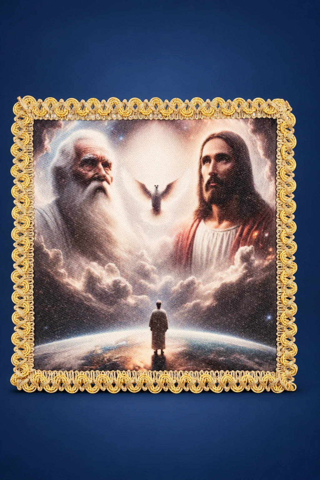 Holy Trinity chalice pall with embroidered Divine Trinity icon and gold scalloped border