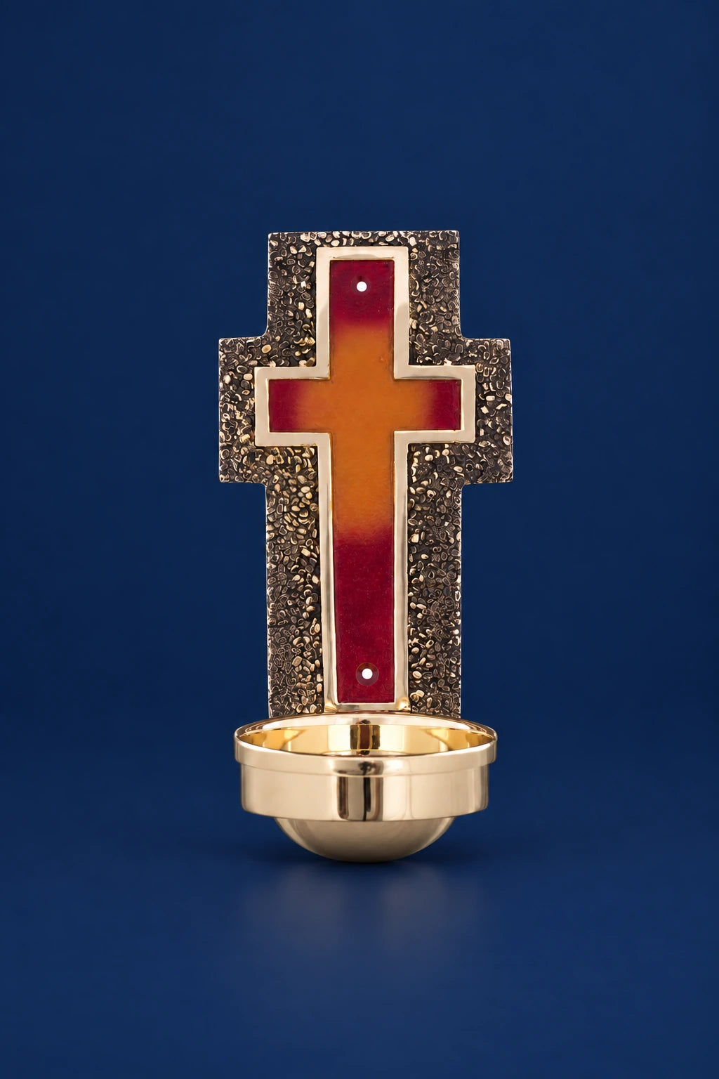 Brass Holy Water Font with Cross, front view with a red and gold cross and polished basin