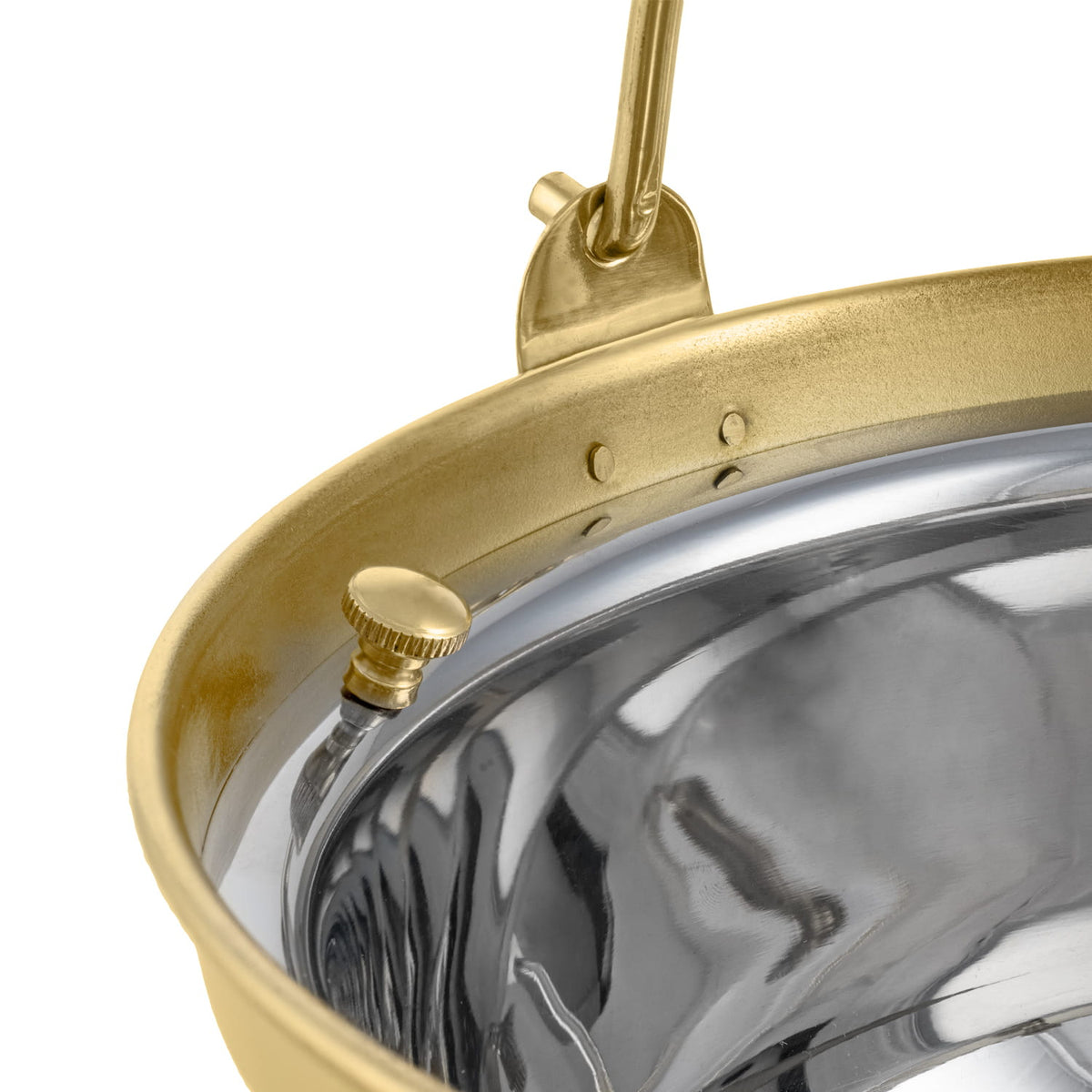 Brass holy water bucket close-up showing nickel-plated interior and brass fastening details
