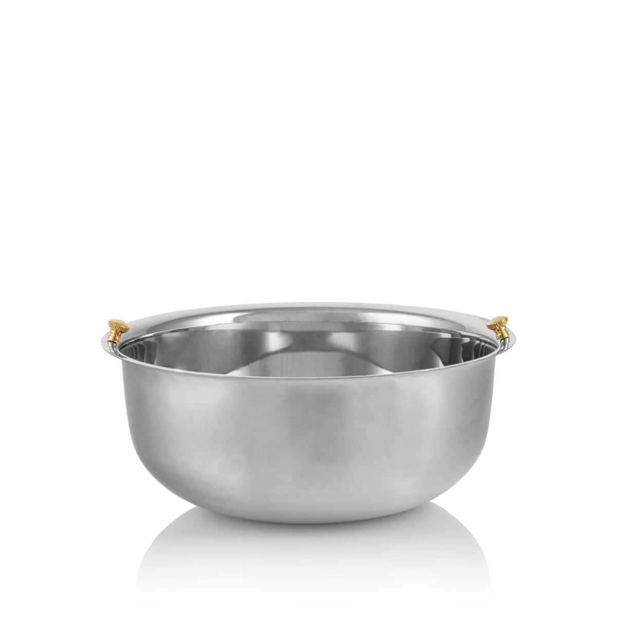 Holy water bucket bowl shown separately with nickel-plated finish and brass fastening knobs
