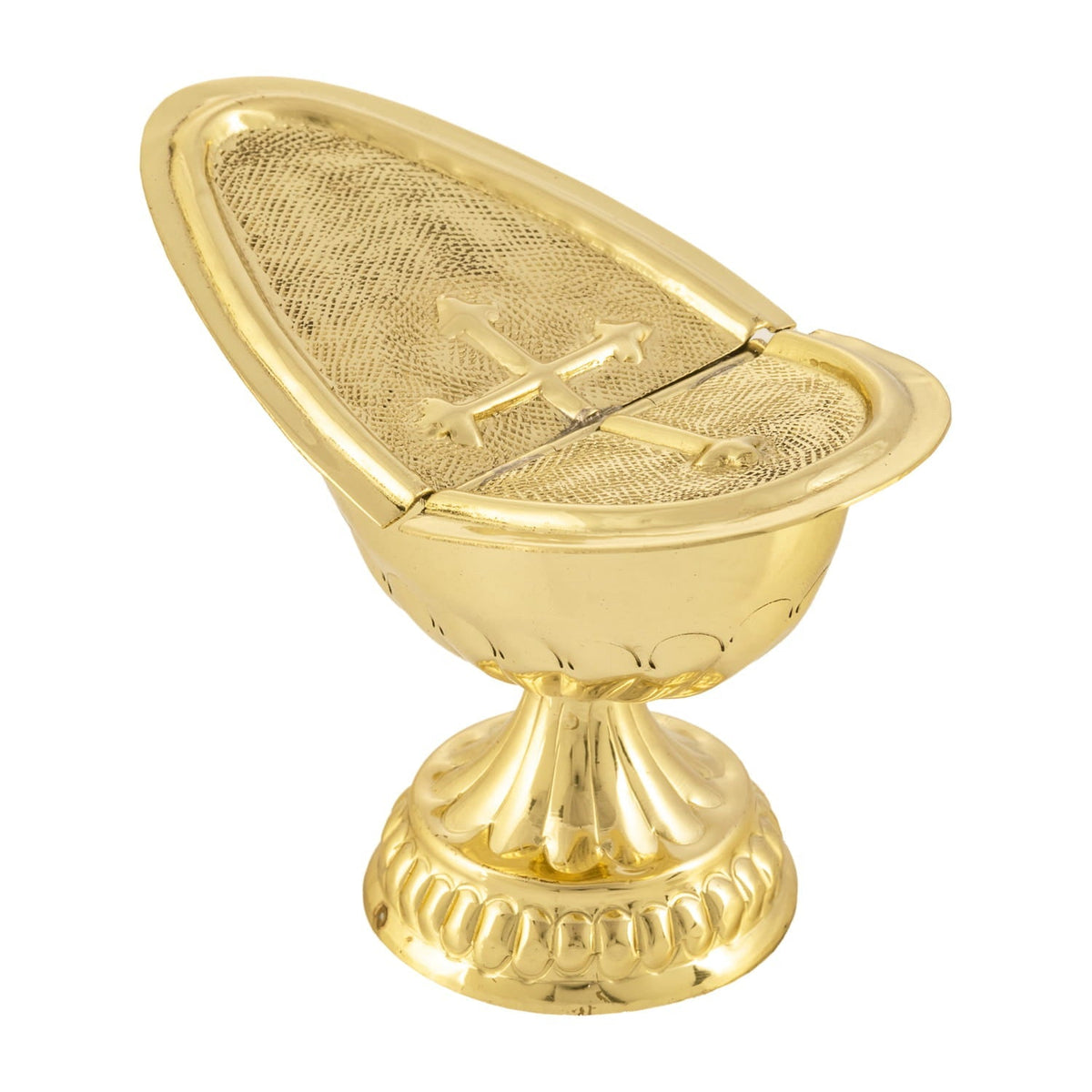 Brass incense boat close-up with closed lid, textured panels and raised cross