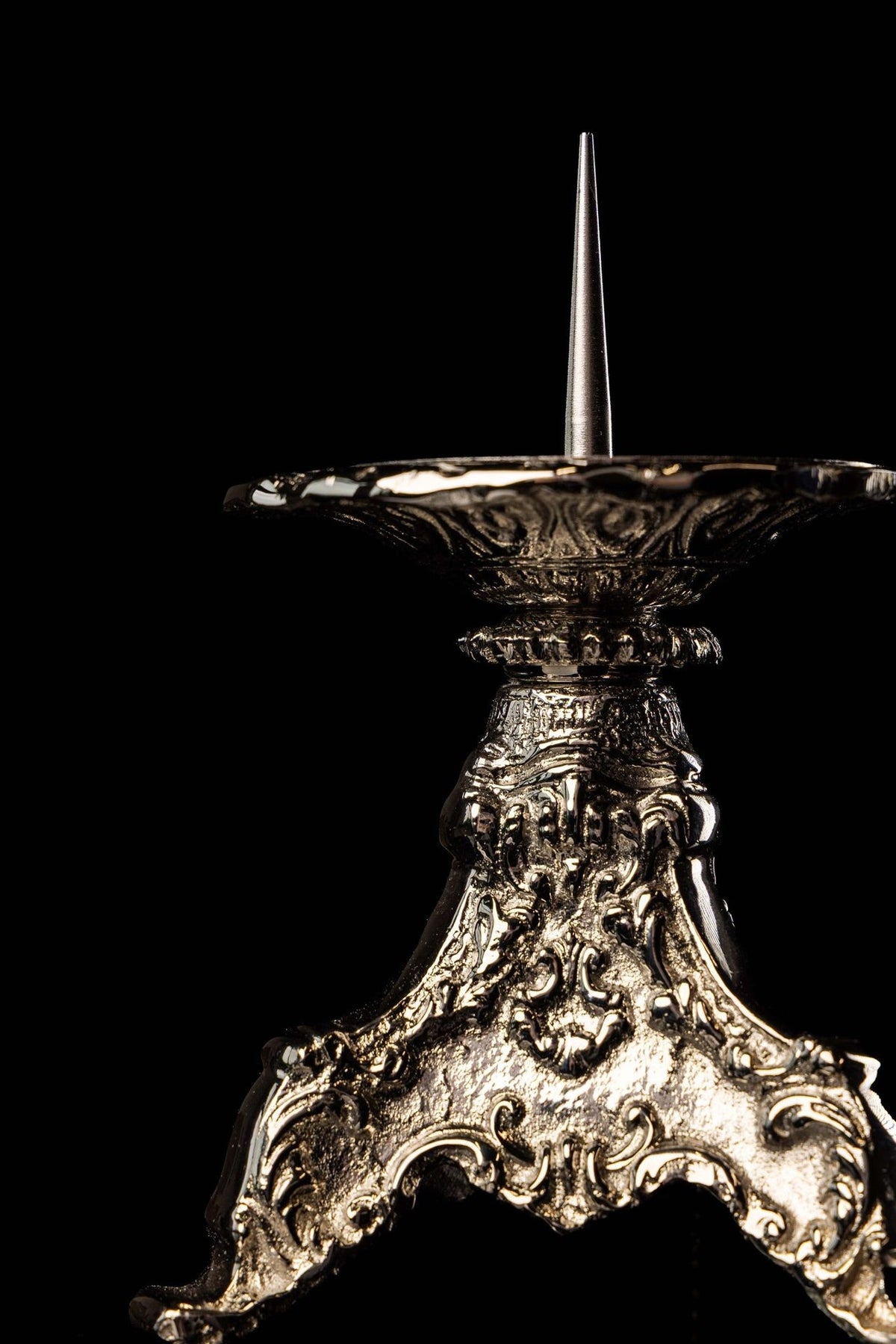 Nickel-plated brass candlestick upper section with scalloped tray and pointed spike