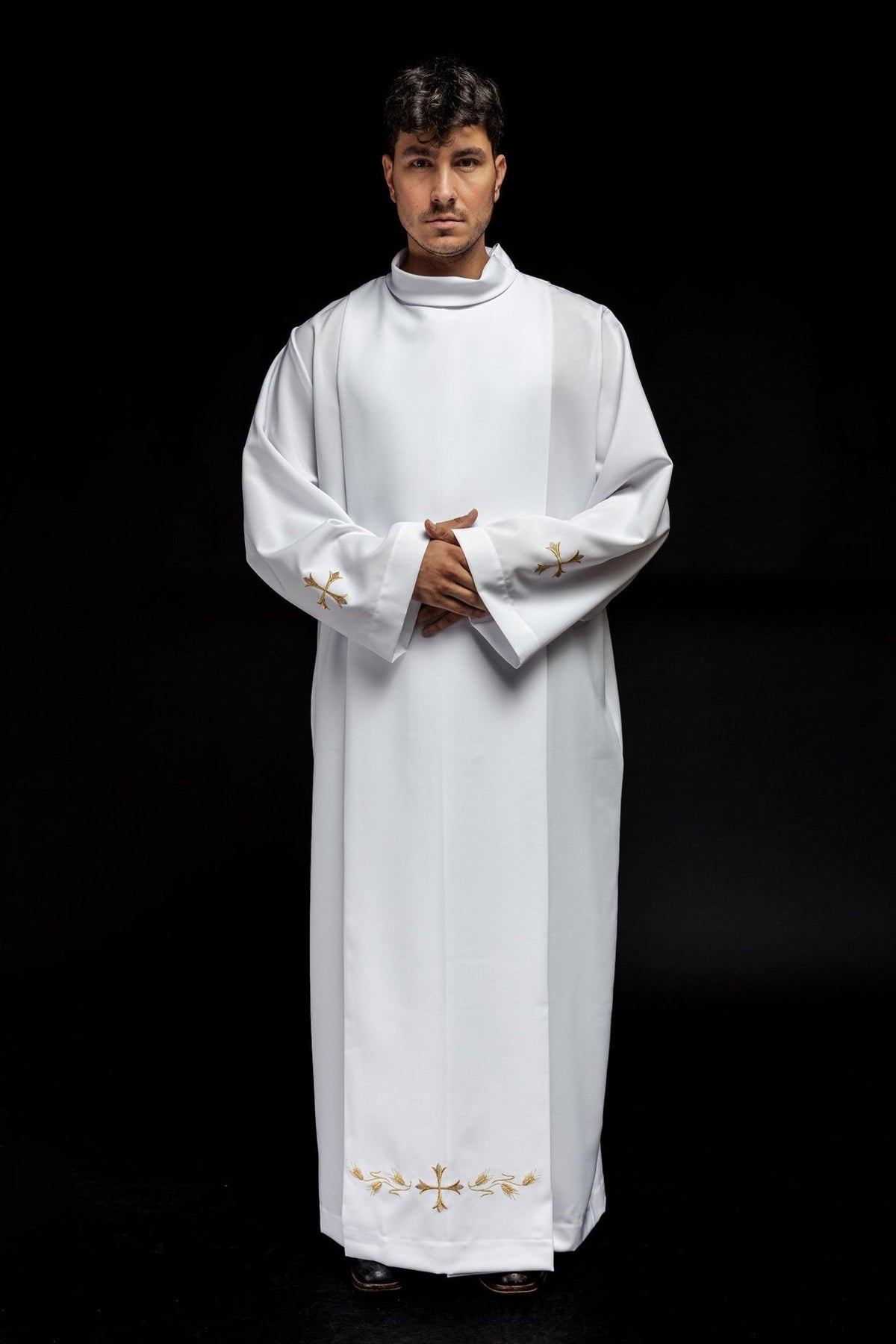 White priest alb front view with stand-up collar and gold cross embroidery