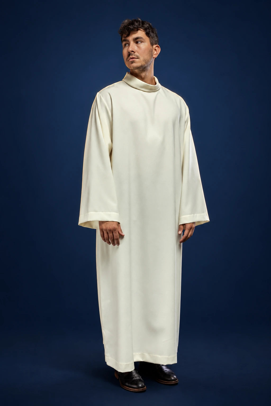 Plain Ecru Priest Alb worn from the front, with a high collar, long sleeves and plain finish