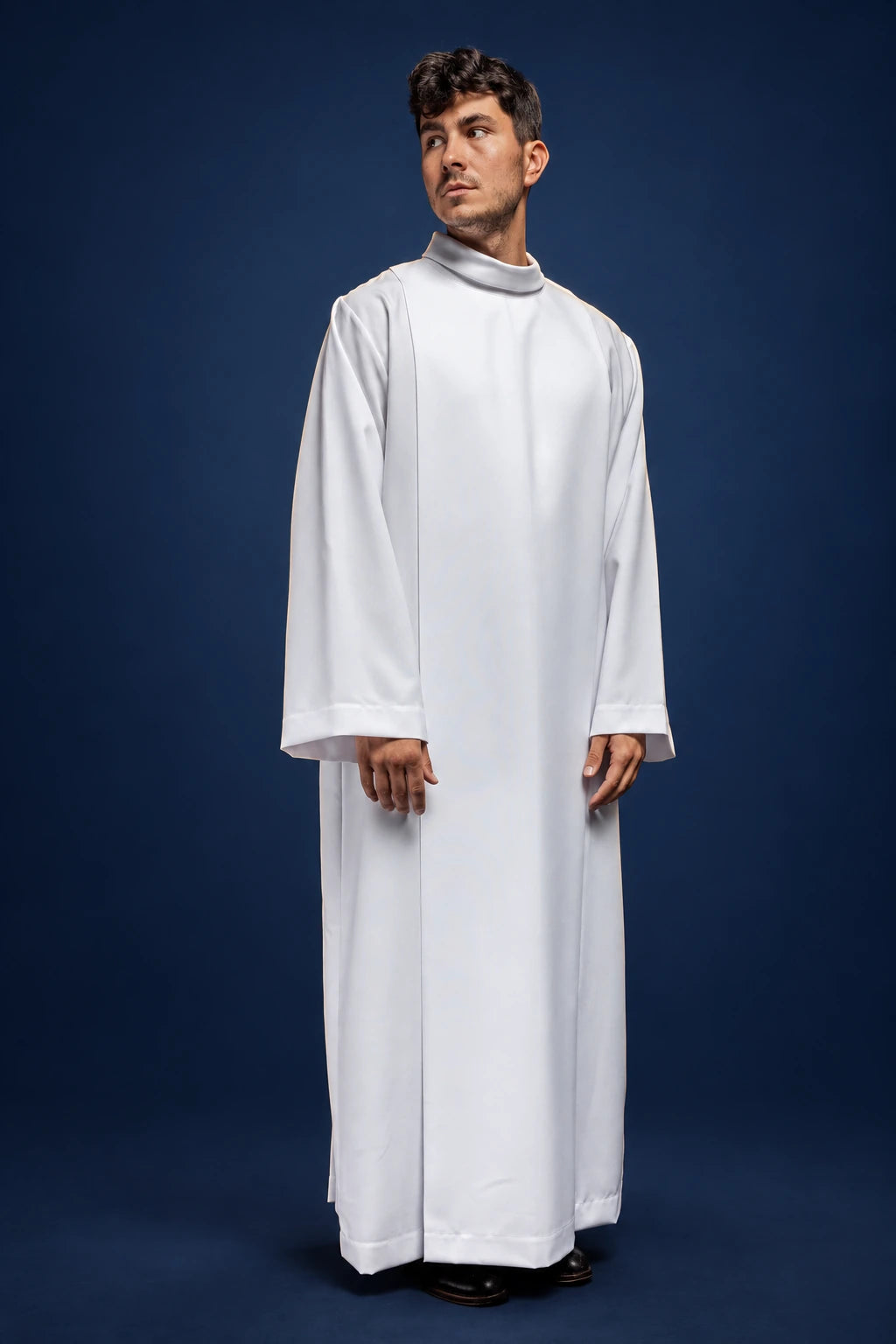 Plain Priest Alb with Stand-Up Collar in white, front view with long sleeves and plain design