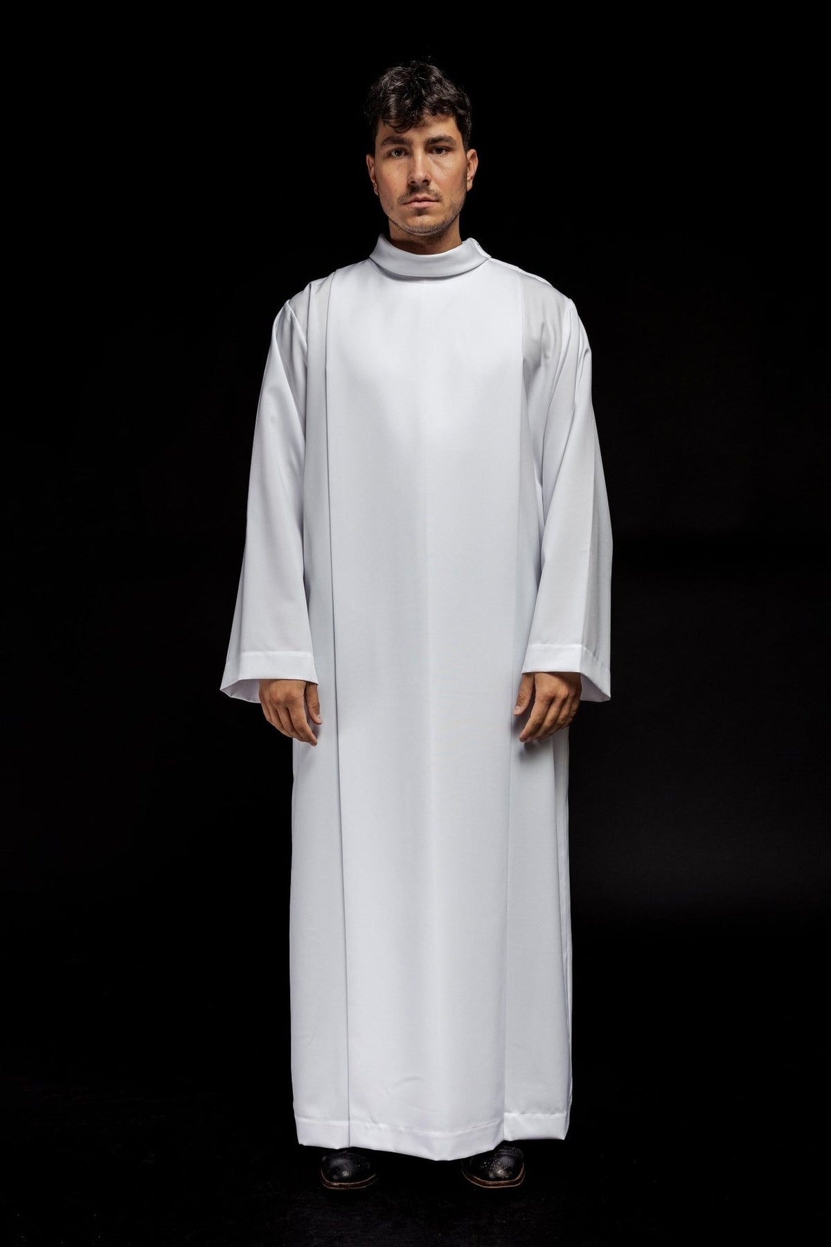 White priest alb front view with stand-up collar, wide sleeves and plain finish