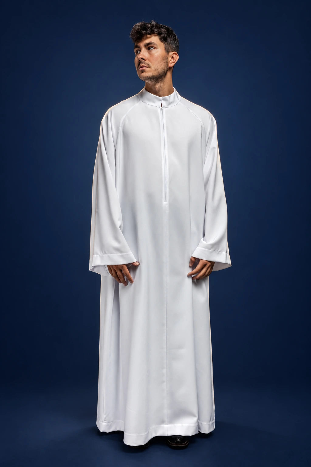 White Priest Alb with Front Zipper, full front view worn
