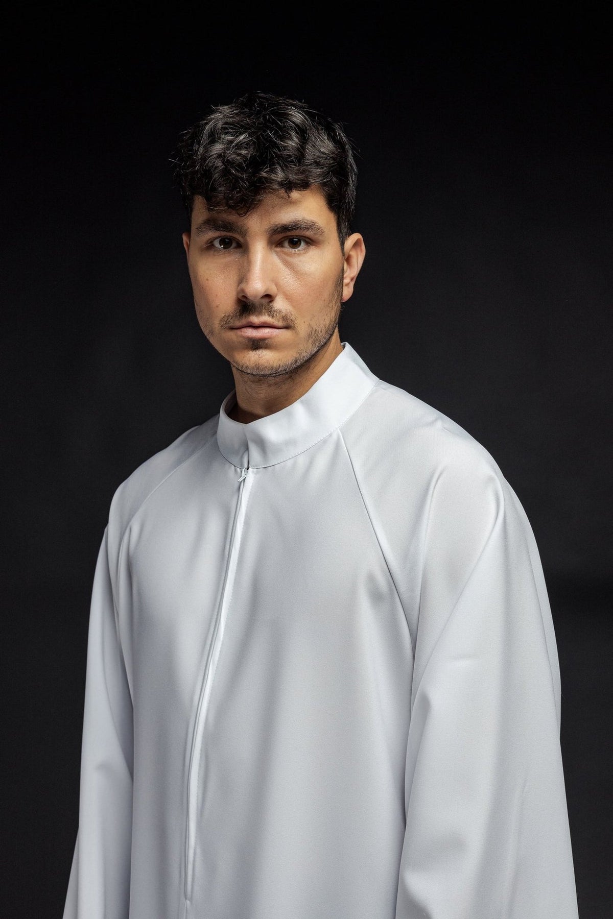 White priest alb angled front view showing the collar and zipper