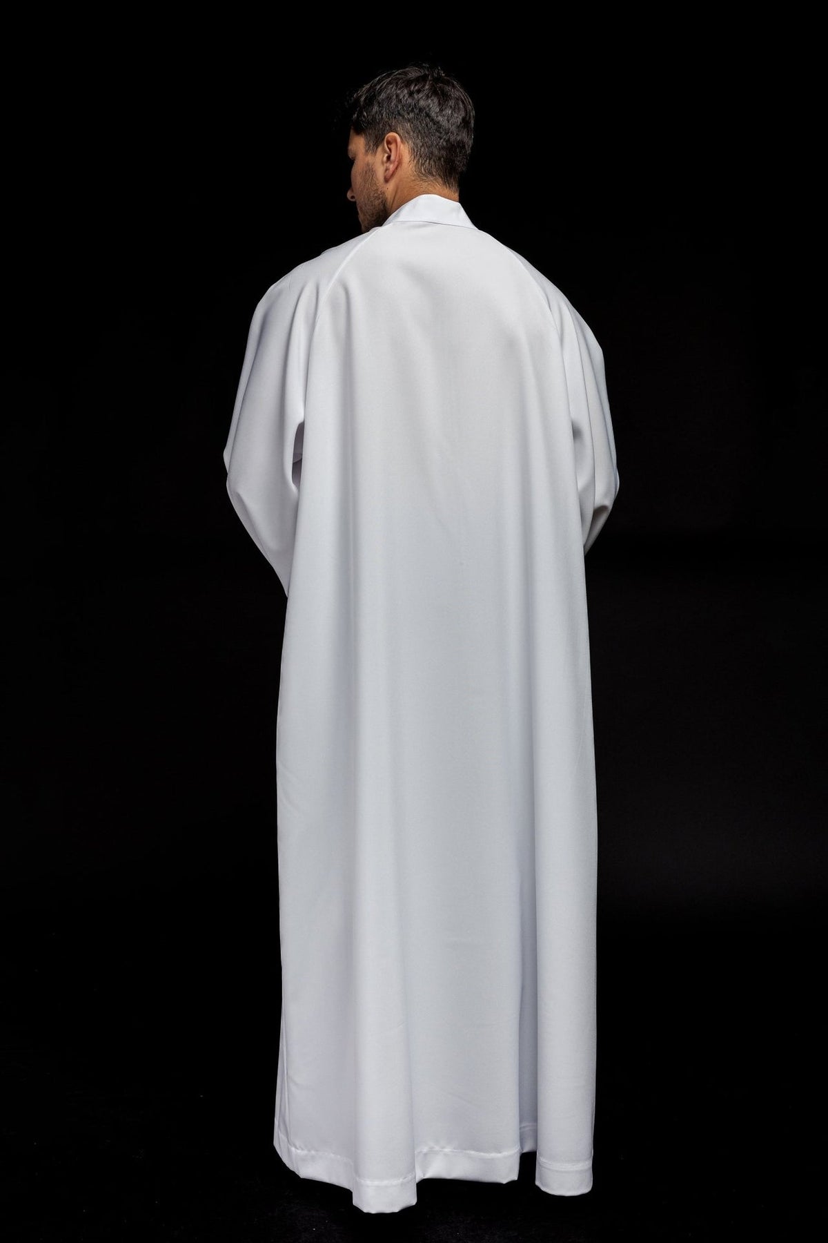 White priest alb back view with plain white fabric