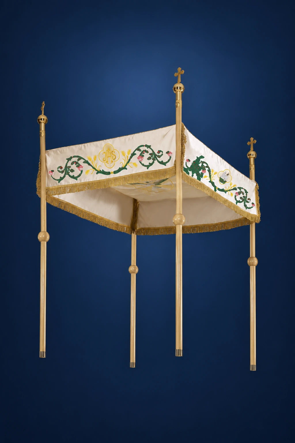 Ecru Corpus Christi Canopy with Lamb Embroidery, IHS, shown fully with gold fringe and embroidered panels
