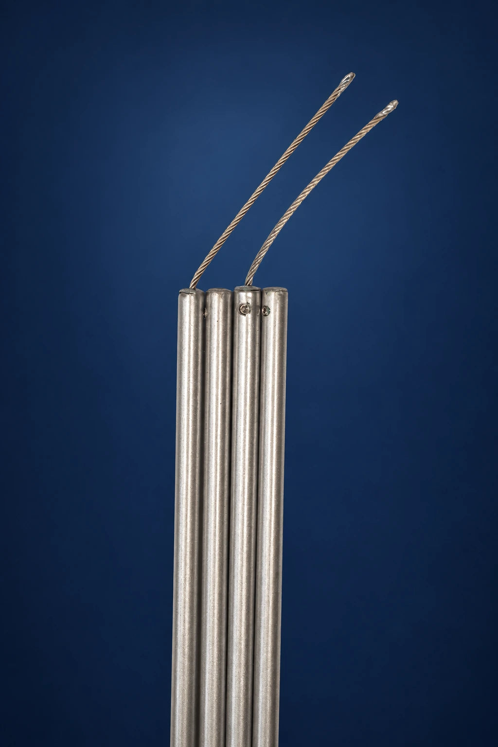 Canopy frame for a processional canopy, close-up of silver poles with twisted cords and fittings