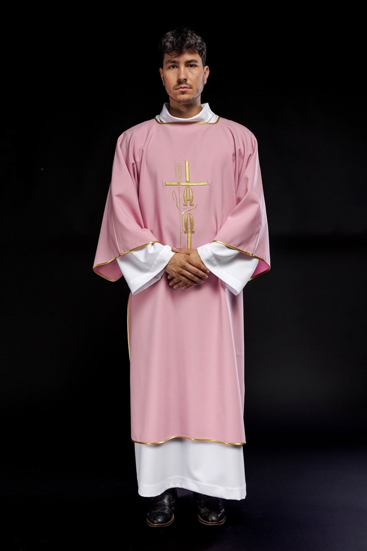 Rose dalmatic front view with gold Alpha and Omega embroidery