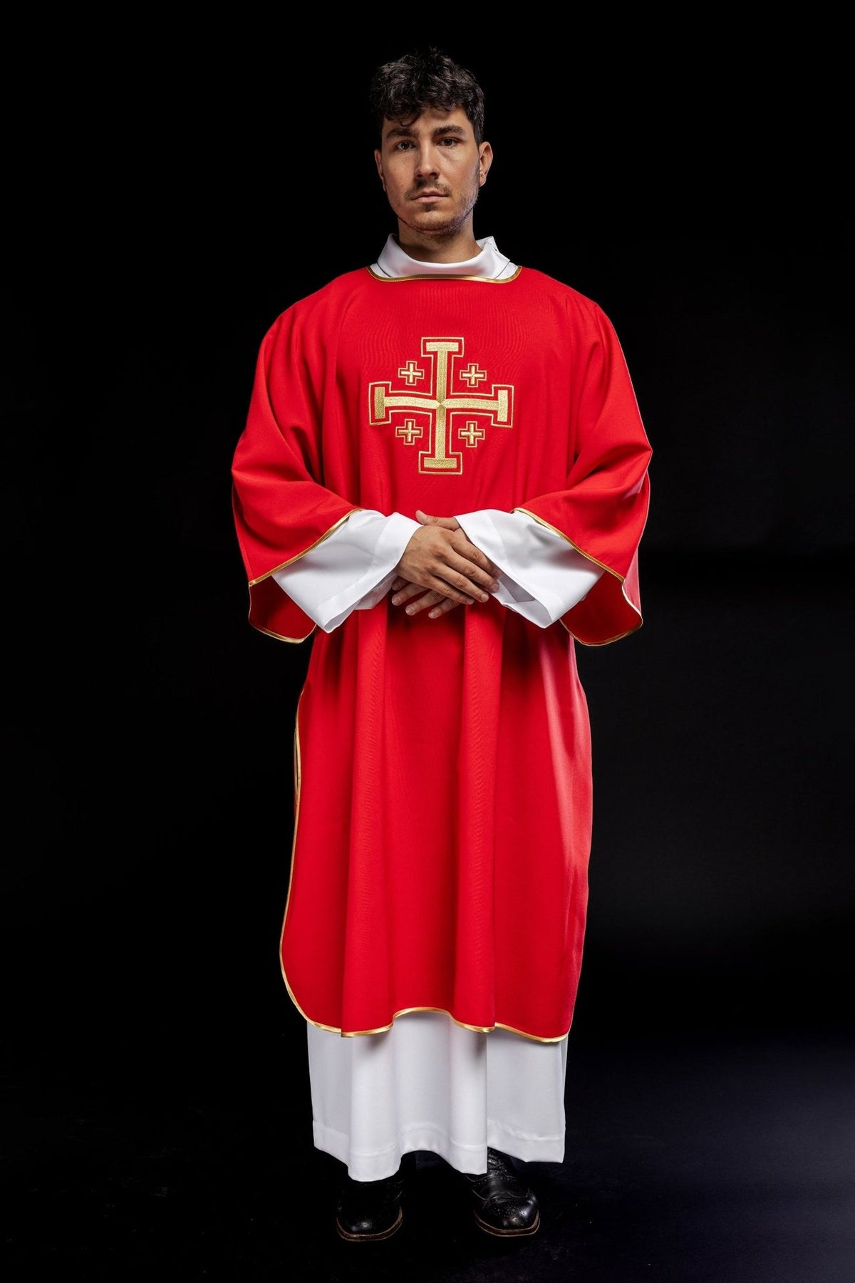 Red dalmatic full front view with embroidered gold cross