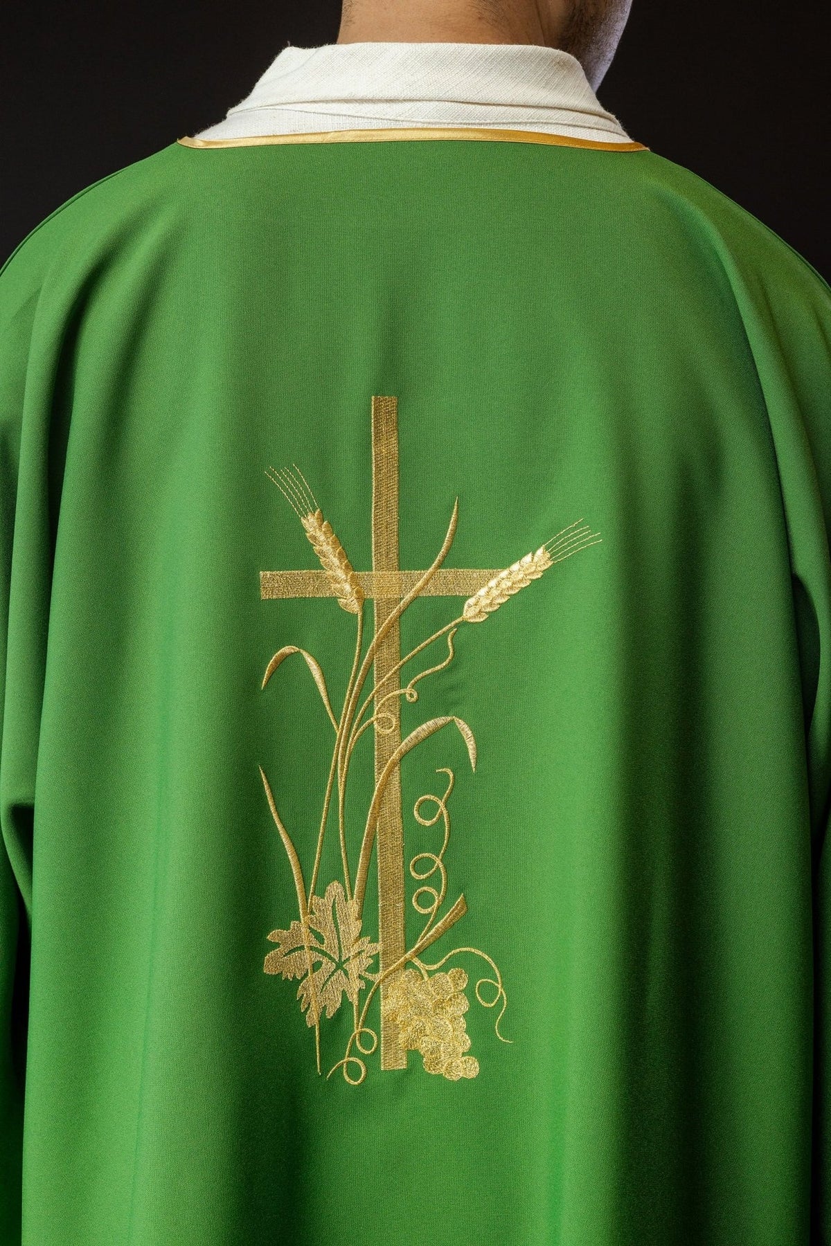 Green dalmatic, back close-up with gold cross, wheat and grape embroidery