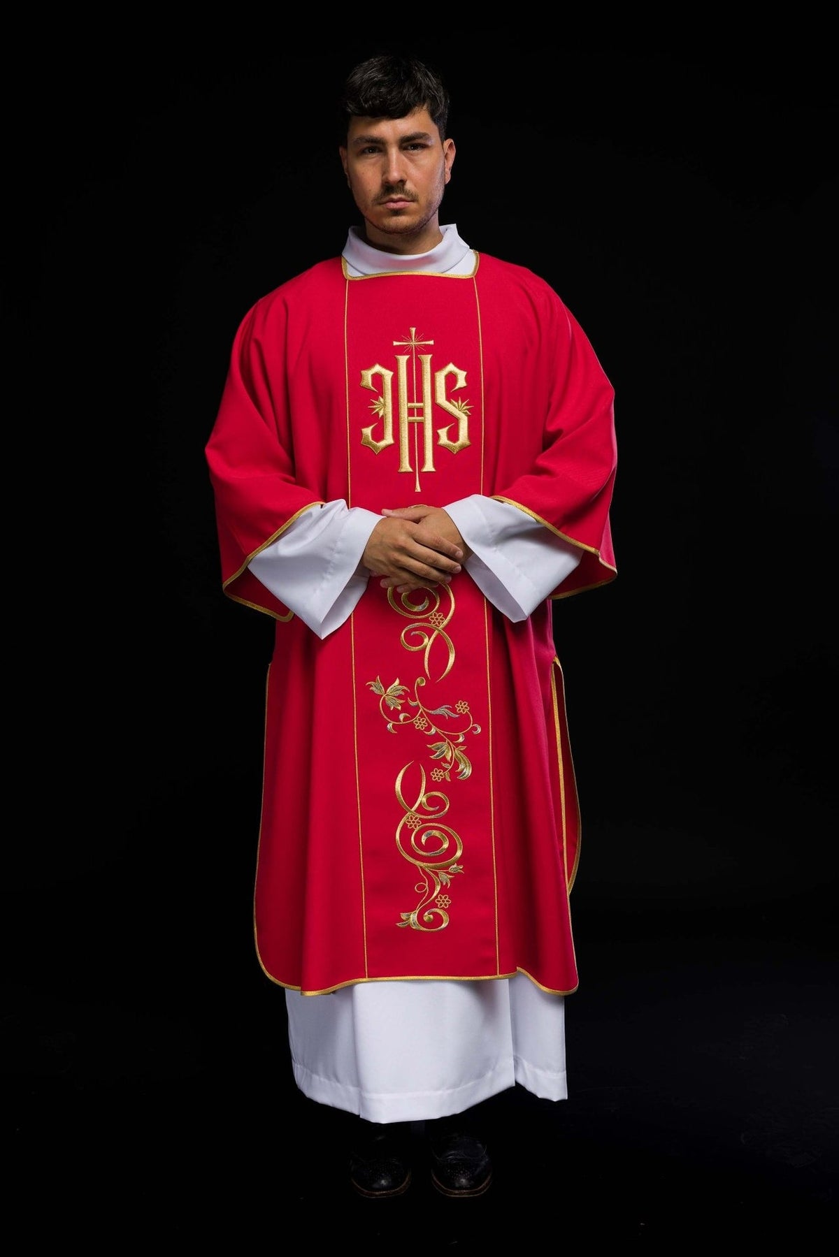 Red dalmatic full back view with embroidered gold floral orphrey