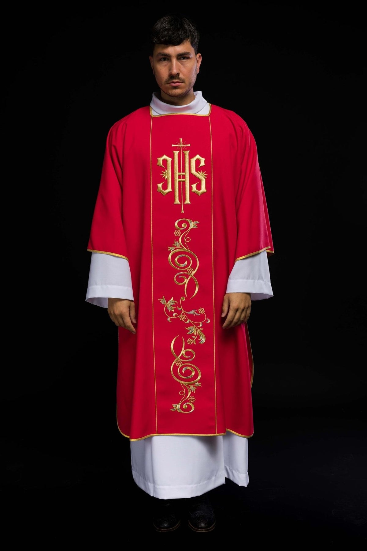 Red dalmatic front detail with gold floral embroidery and trim