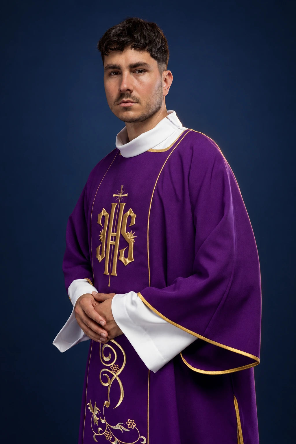 Purple Dalmatic with Embroidered IHS Orphrey, front three-quarter view with gold trim