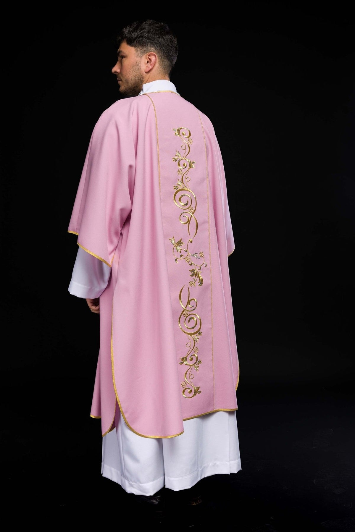 Rose dalmatic three-quarter back view with embroidered orphrey