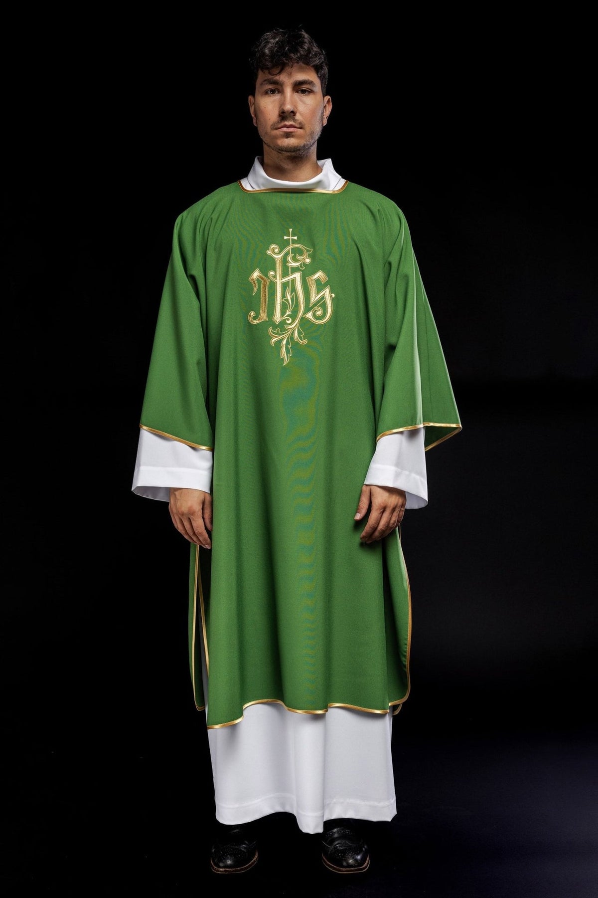 Green dalmatic, full front view with gold IHS embroidery and trim