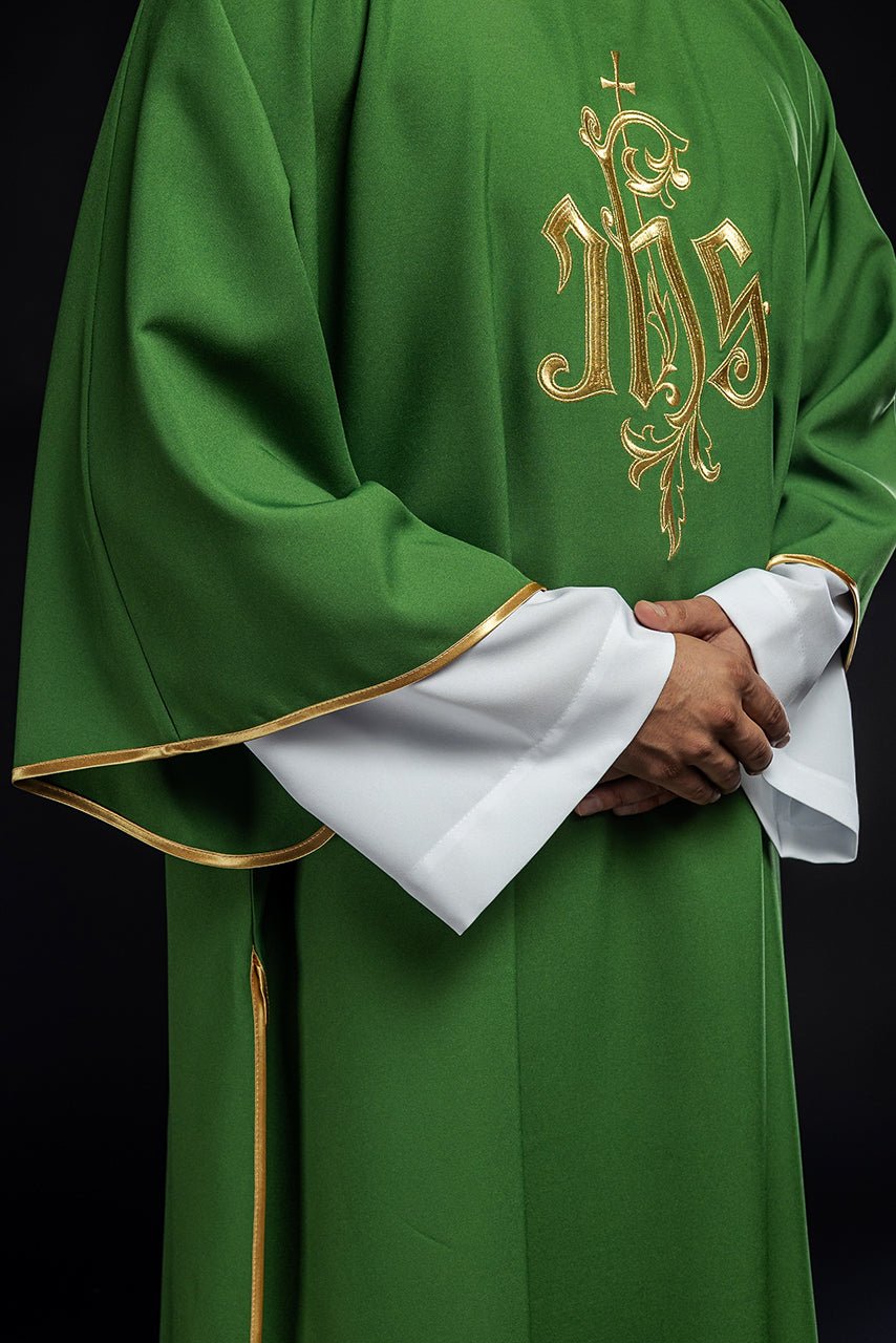 Green dalmatic side view with gold trim on sleeves and edge