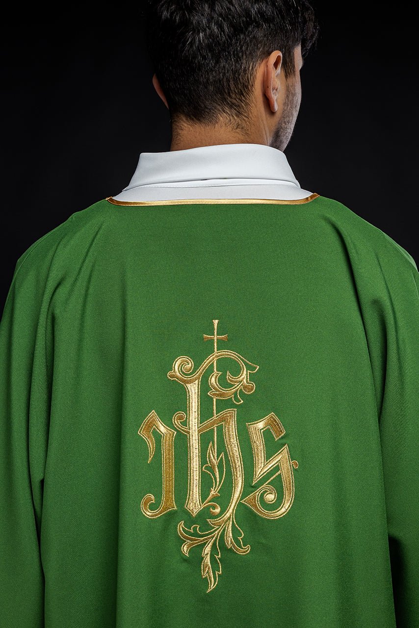 Green dalmatic back close-up with gold IHS embroidery and trim