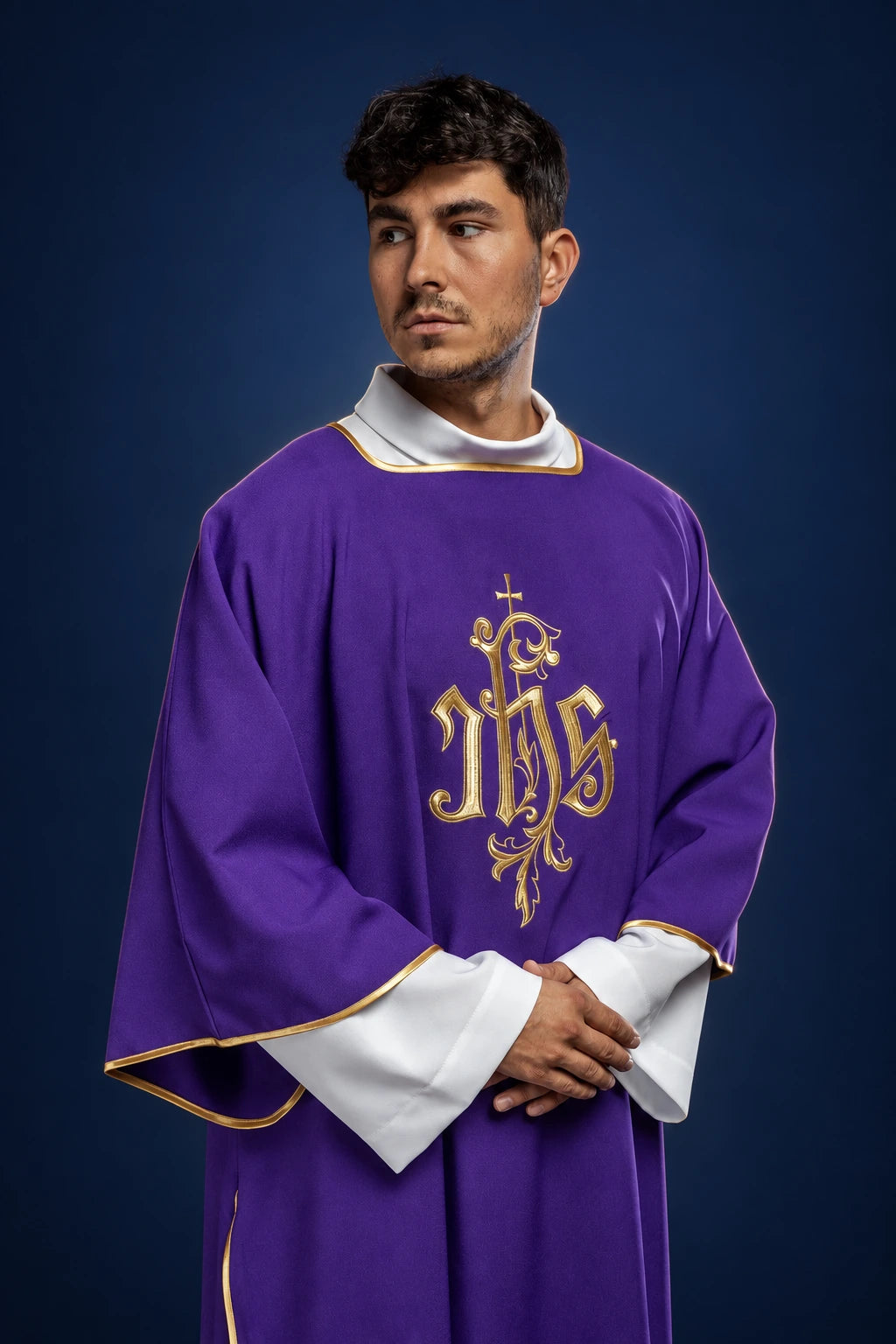 Purple Dalmatic with Embroidered IHS, front view with gold trim and large gold embroidery