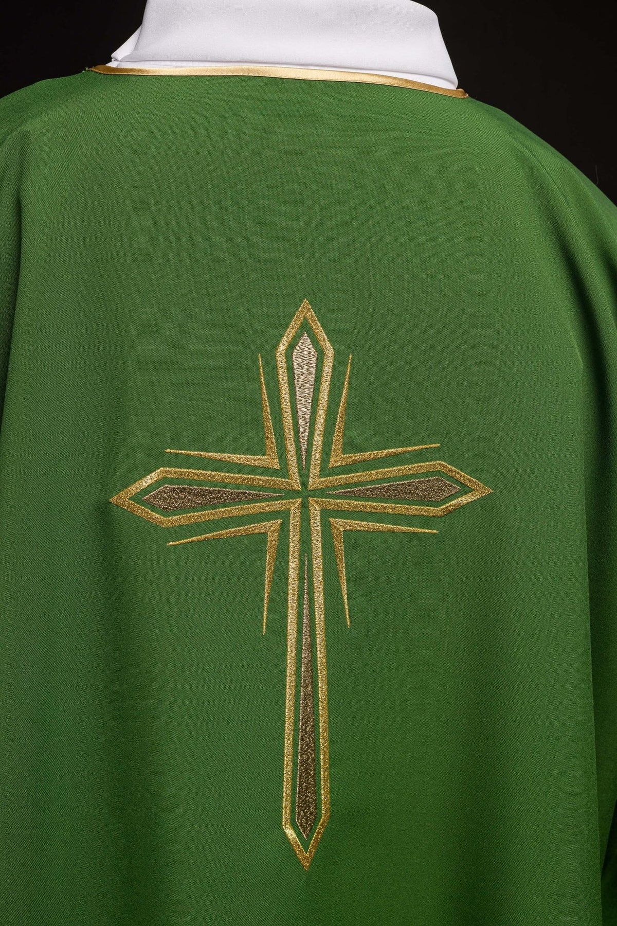 Green dalmatic back view with embroidered gold cross