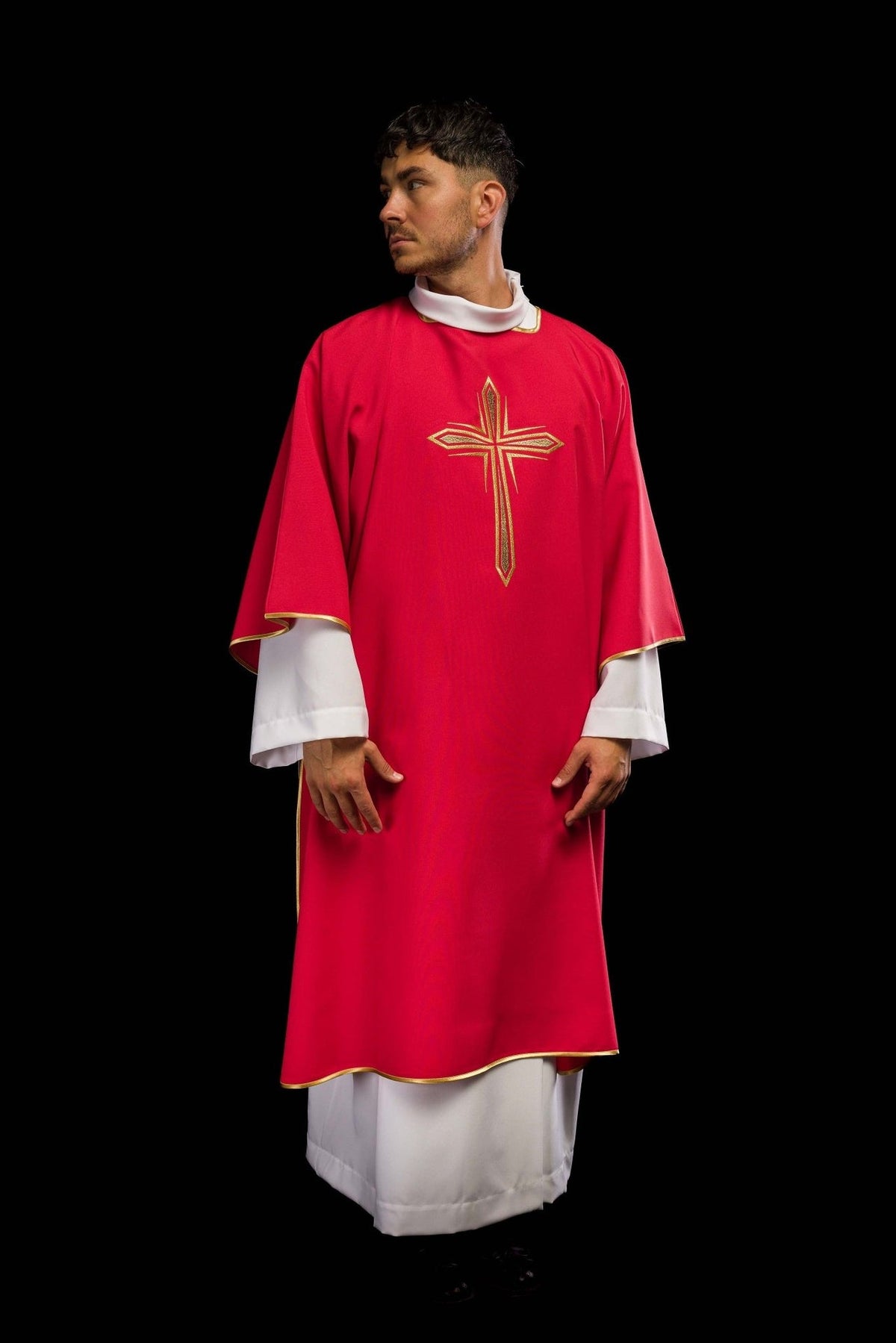 Red dalmatic three-quarter front view with embroidered gold cross
