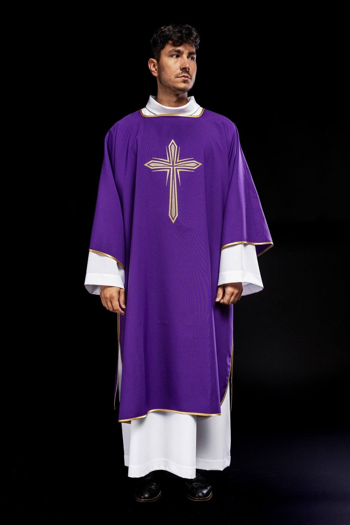 Purple dalmatic, full front view with embroidered gold cross and gold trim
