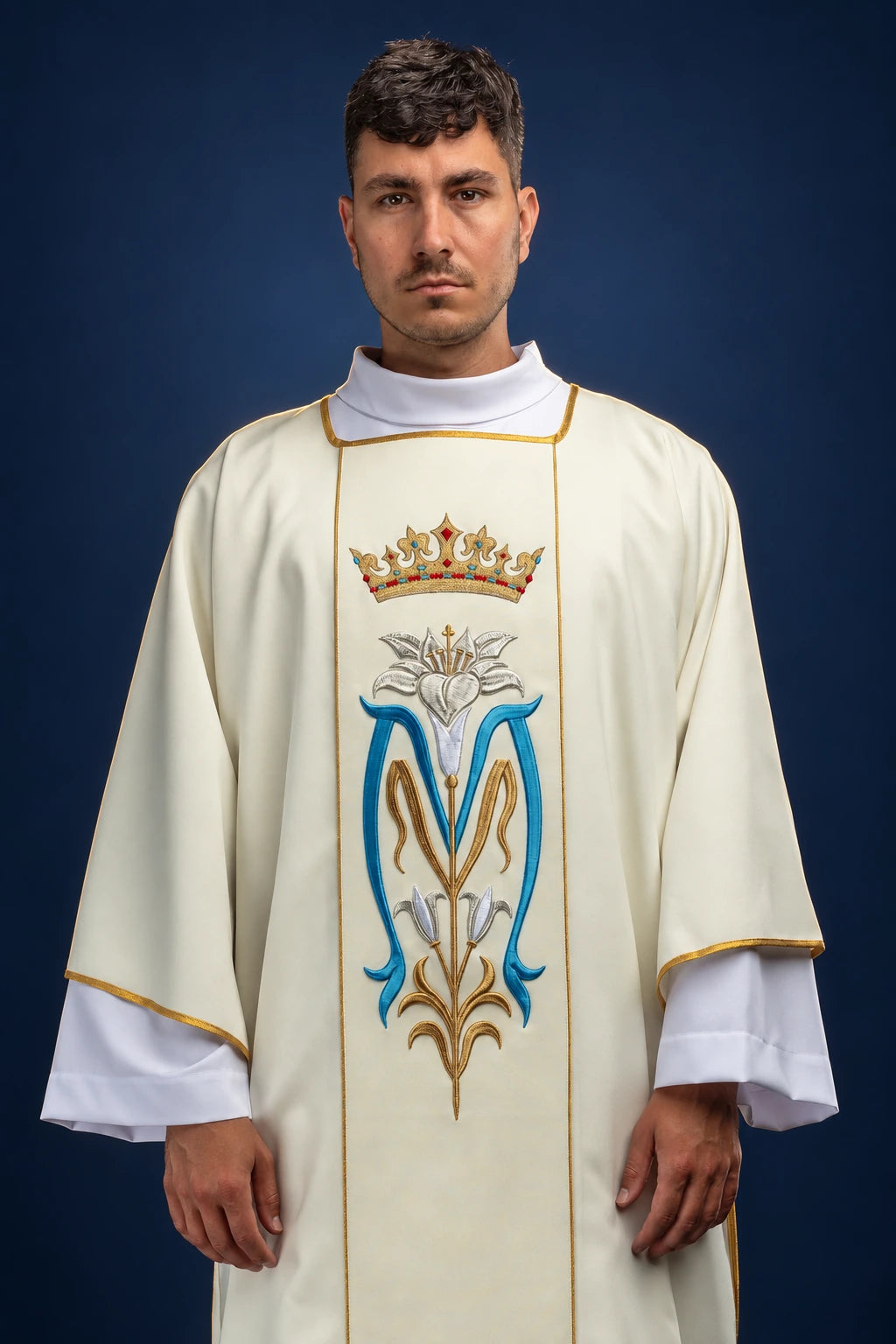 Embroidered Dalmatic with Marian Symbol in Ecru, front view with gold trim and Marian embroidery