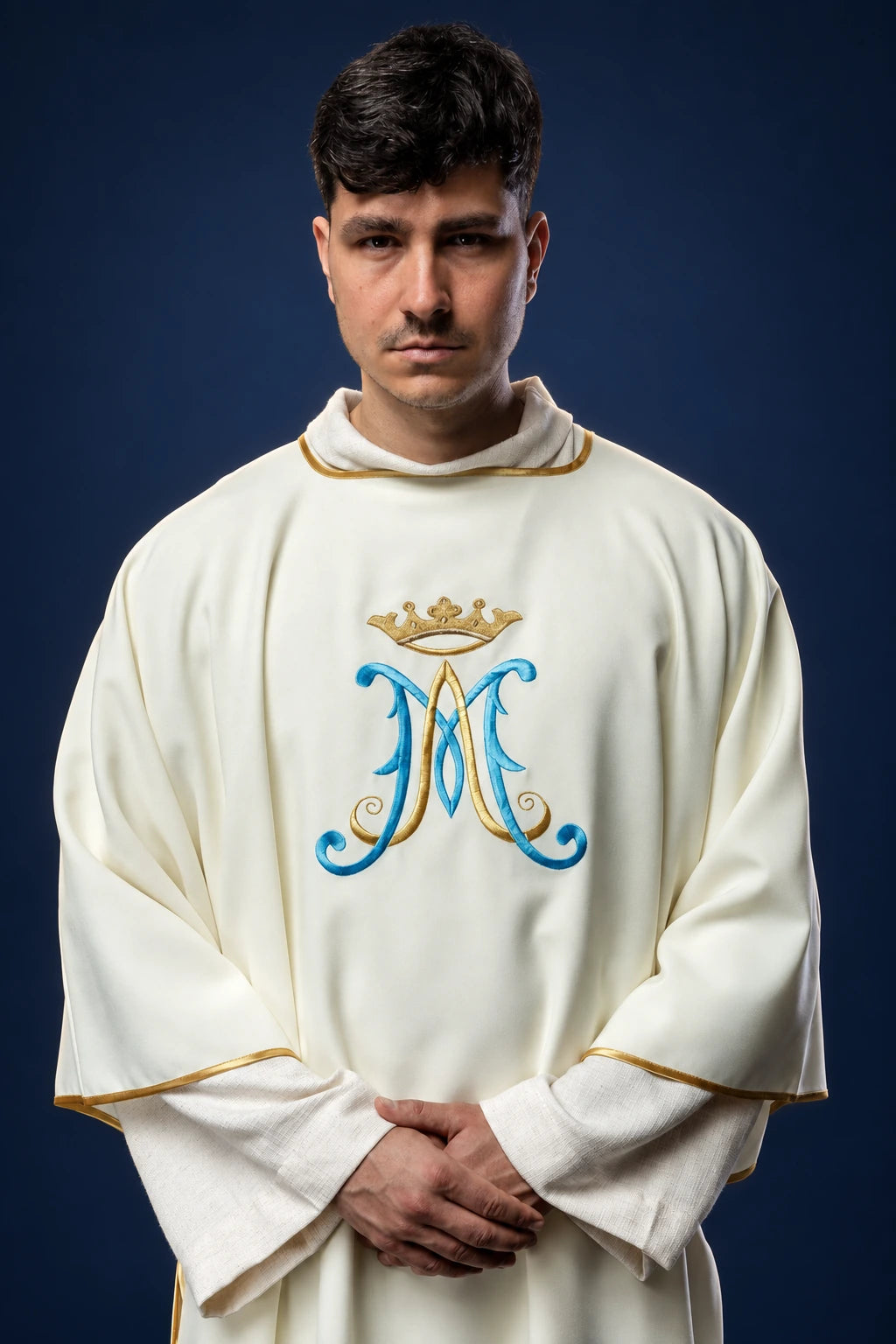 Ecru Dalmatic with Marian Embroidery, front view with blue and gold embroidery and gold trim