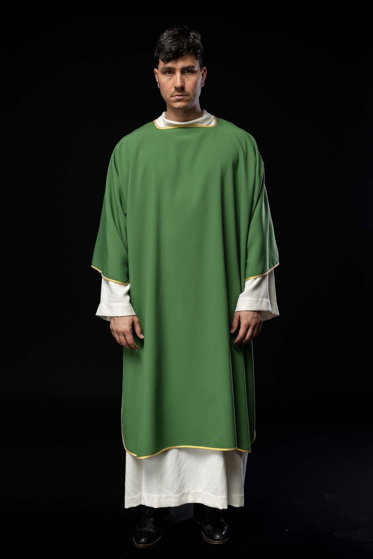 Green dalmatic with gold trim, full front view