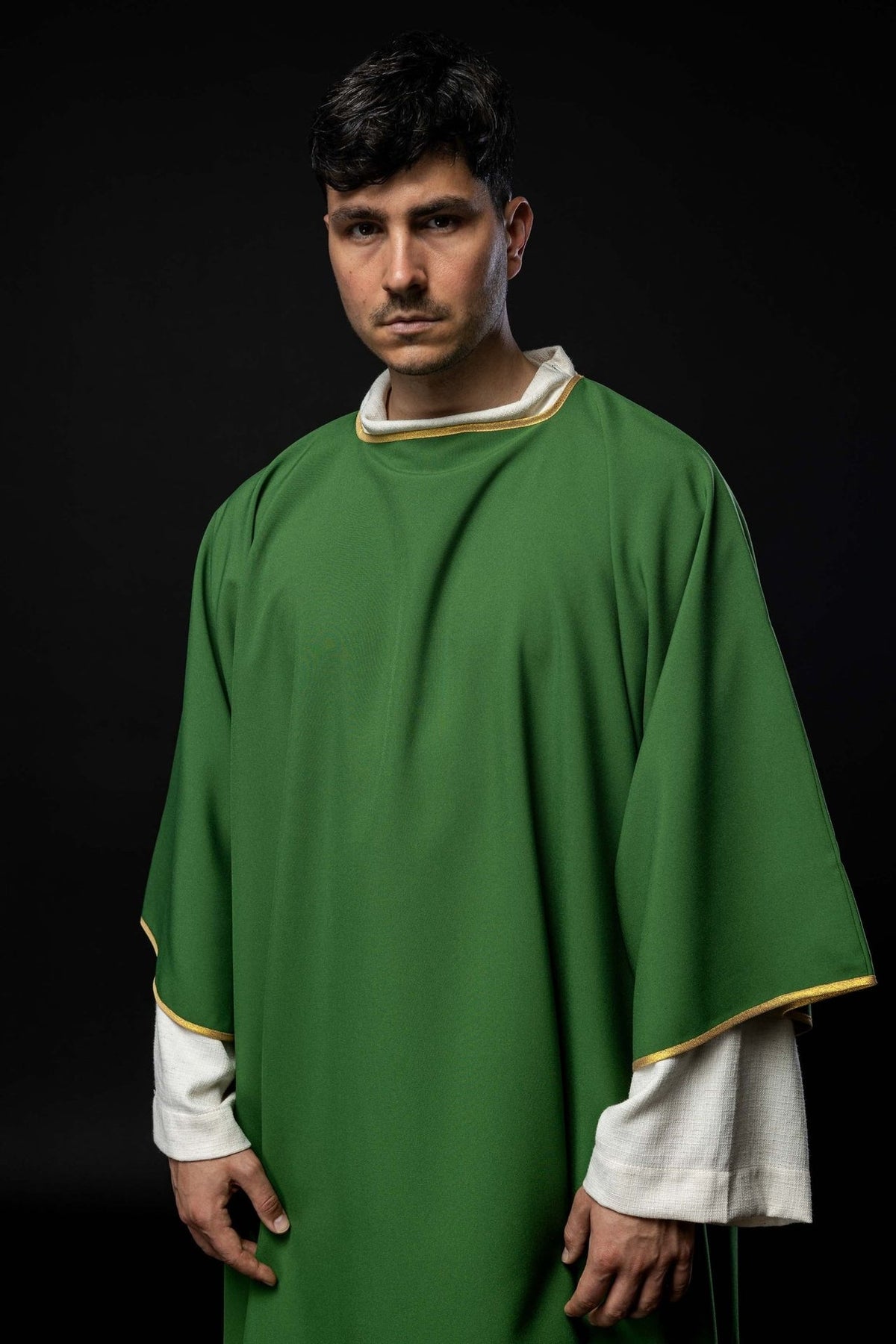Green dalmatic, full back view with gold trim