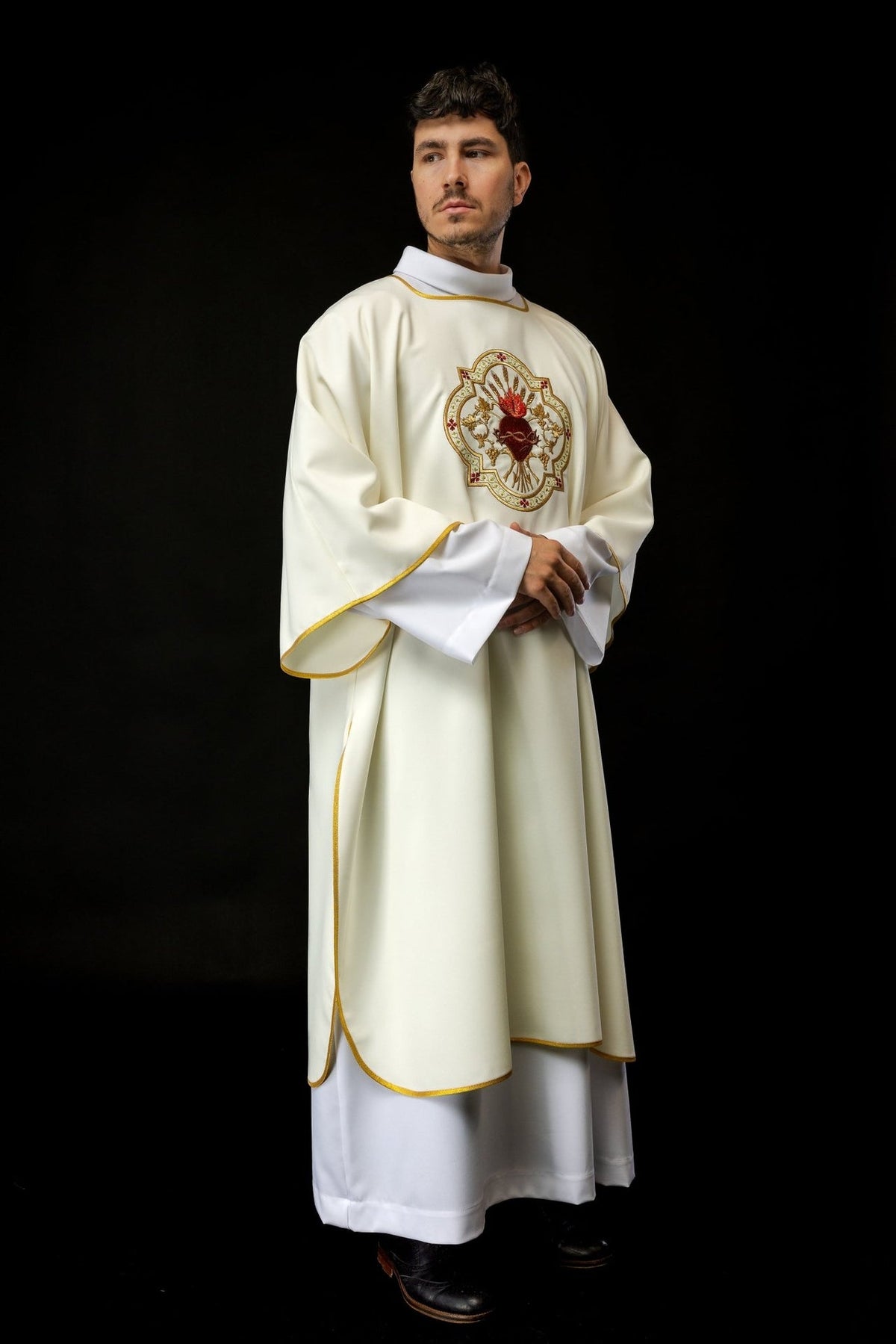 Ecru dalmatic front view with Sacred Heart of Jesus embroidery and wide sleeves