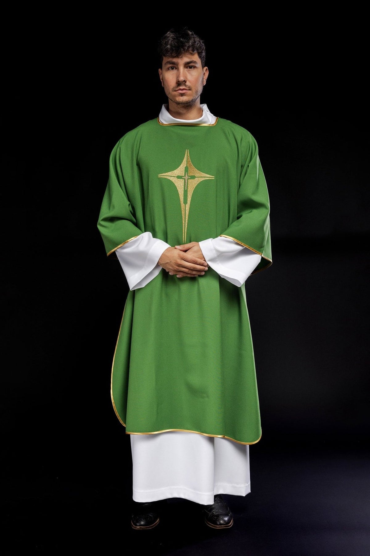 Green dalmatic front view with embroidered gold cross and gold trim