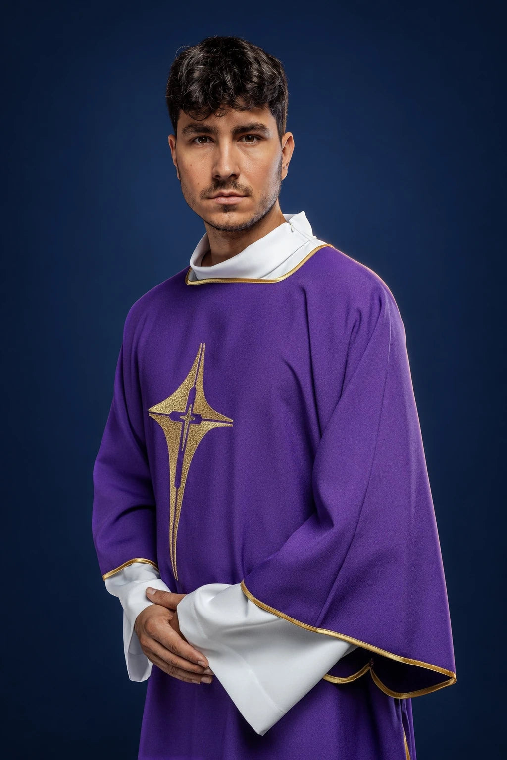 Purple Catholic Dalmatic with an Embroidered Gold Cross and an Inner Stole, front worn view