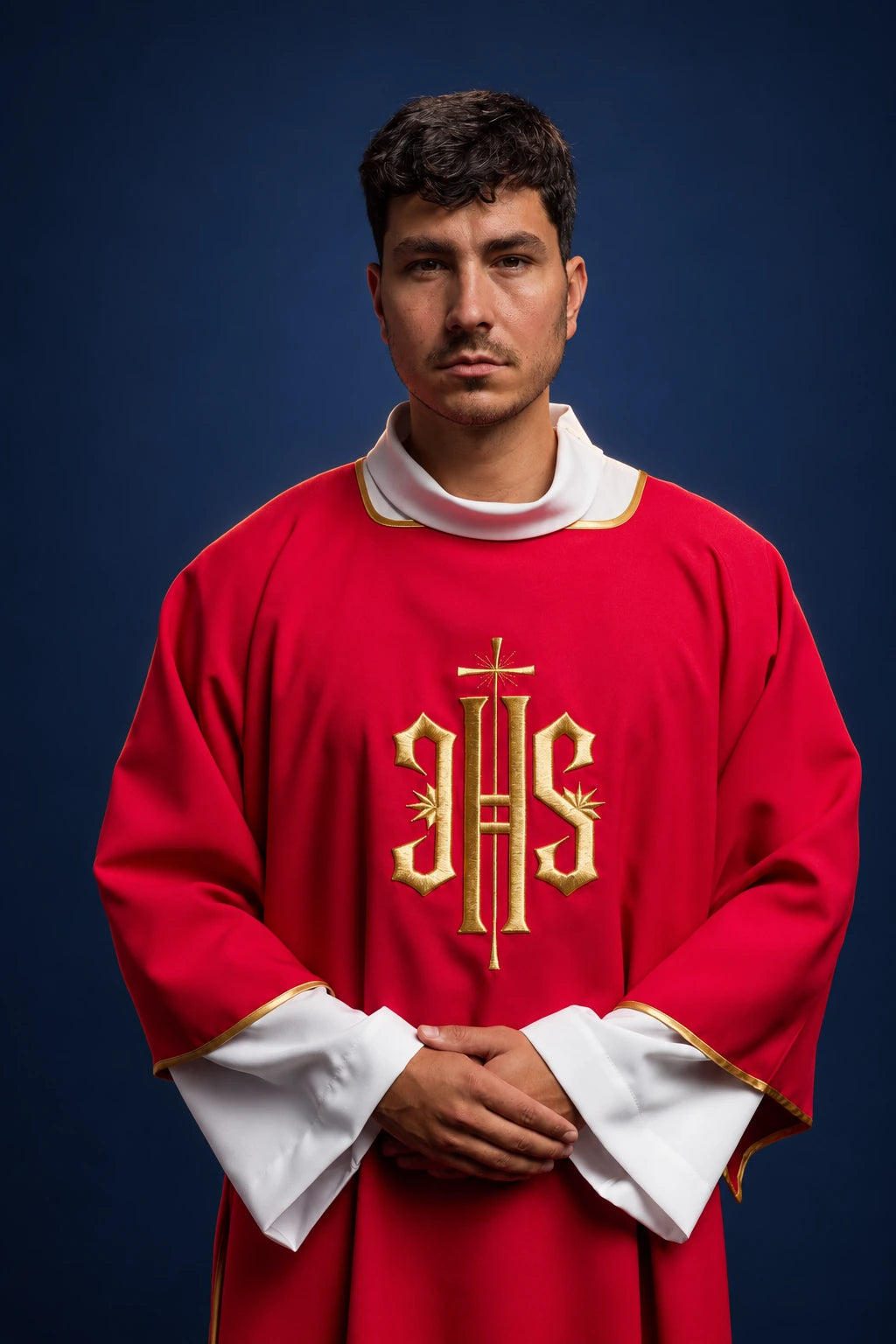 Red Dalmatic with Gold-Embroidered IHS, front view with gold trim